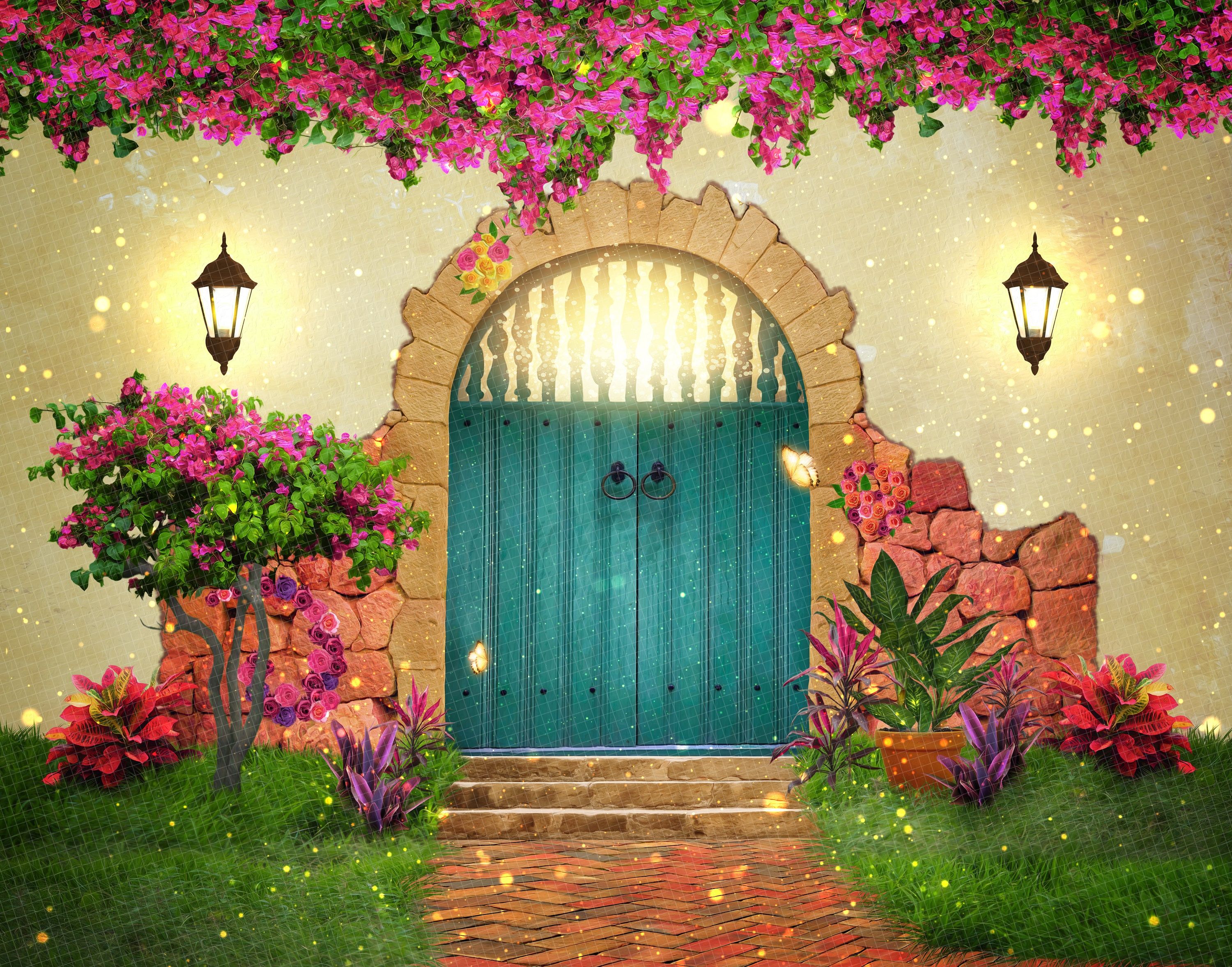 A painting of an old door and flowers - Encanto