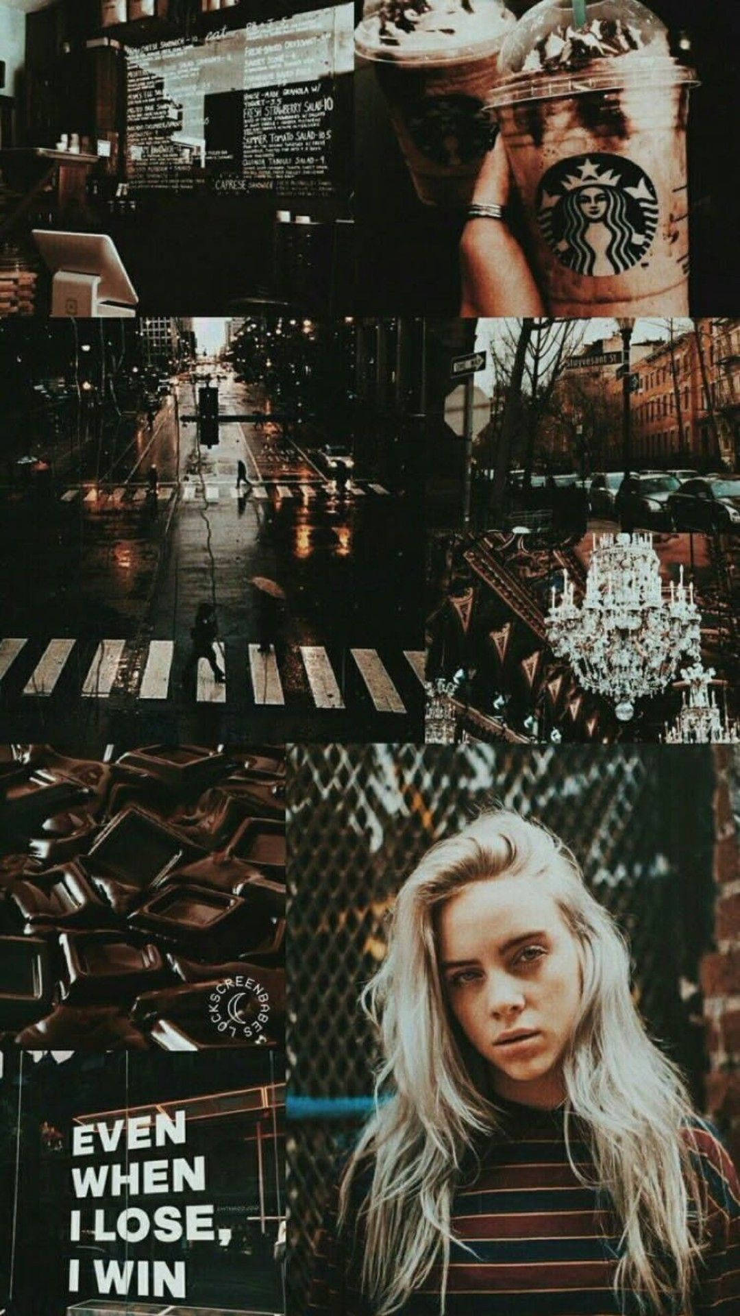 Billie Eilish aesthetic background with coffee, city, and the words 