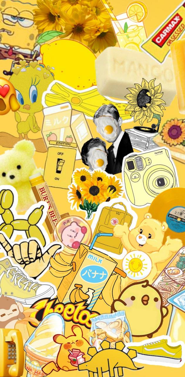 A yellow background with stickers of bears and other items - Yellow