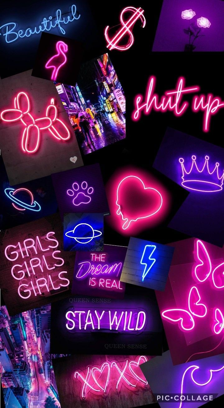 A collection of neon signs with different words - Neon