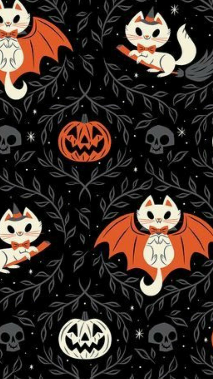 A seamless pattern of cats and bones in black - Halloween