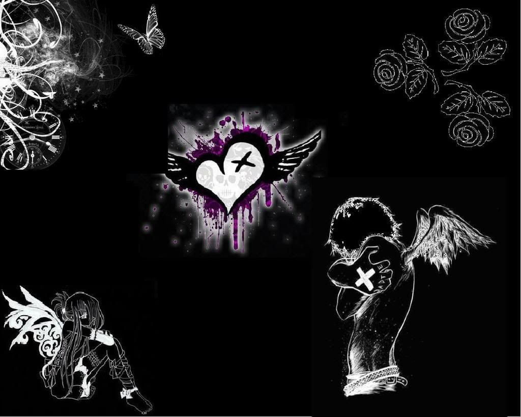 A collection of black and white images with hearts - Emo