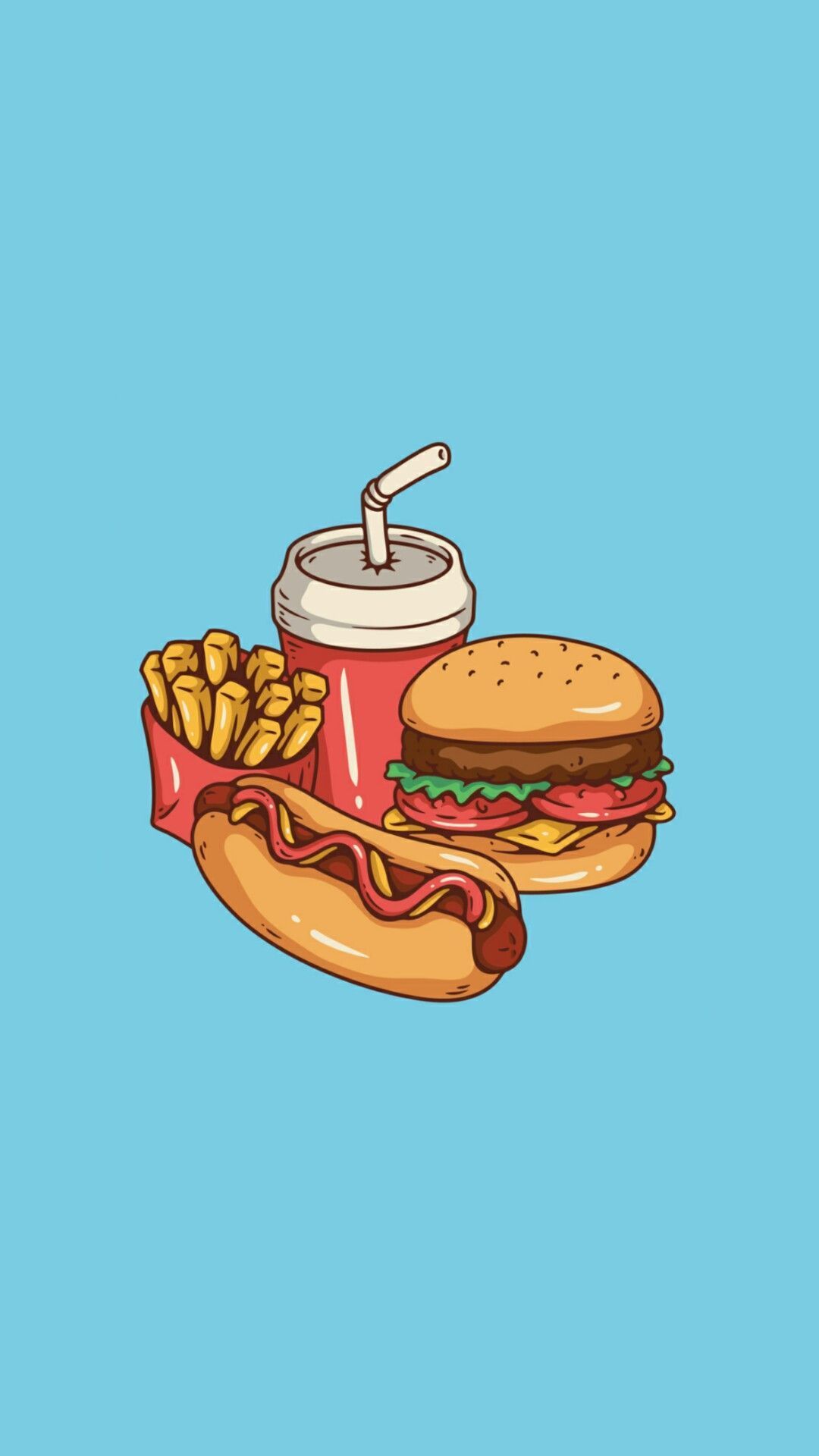 A hot dog, fries and soda are shown - Food