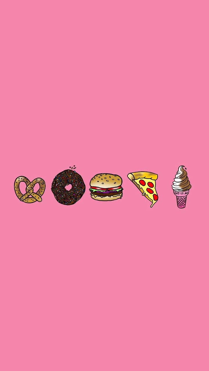 A pink background with various food items - Food