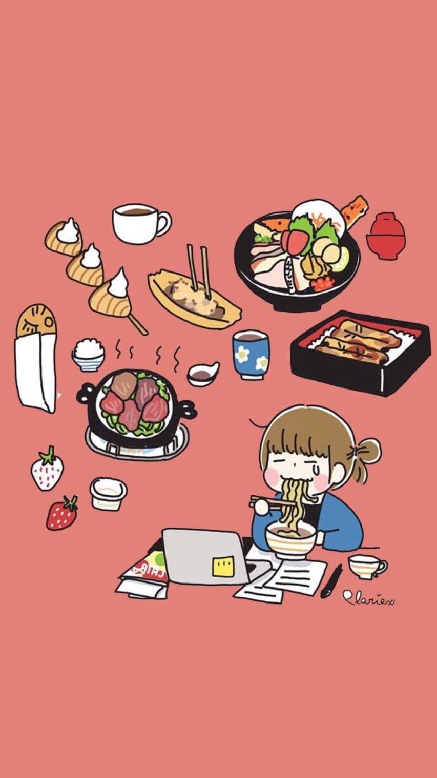 A cartoon of people eating food on the computer - Food