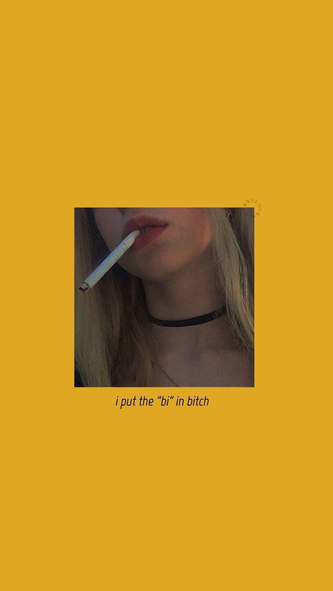 A woman smoking with the caption, what in fuck - Grunge