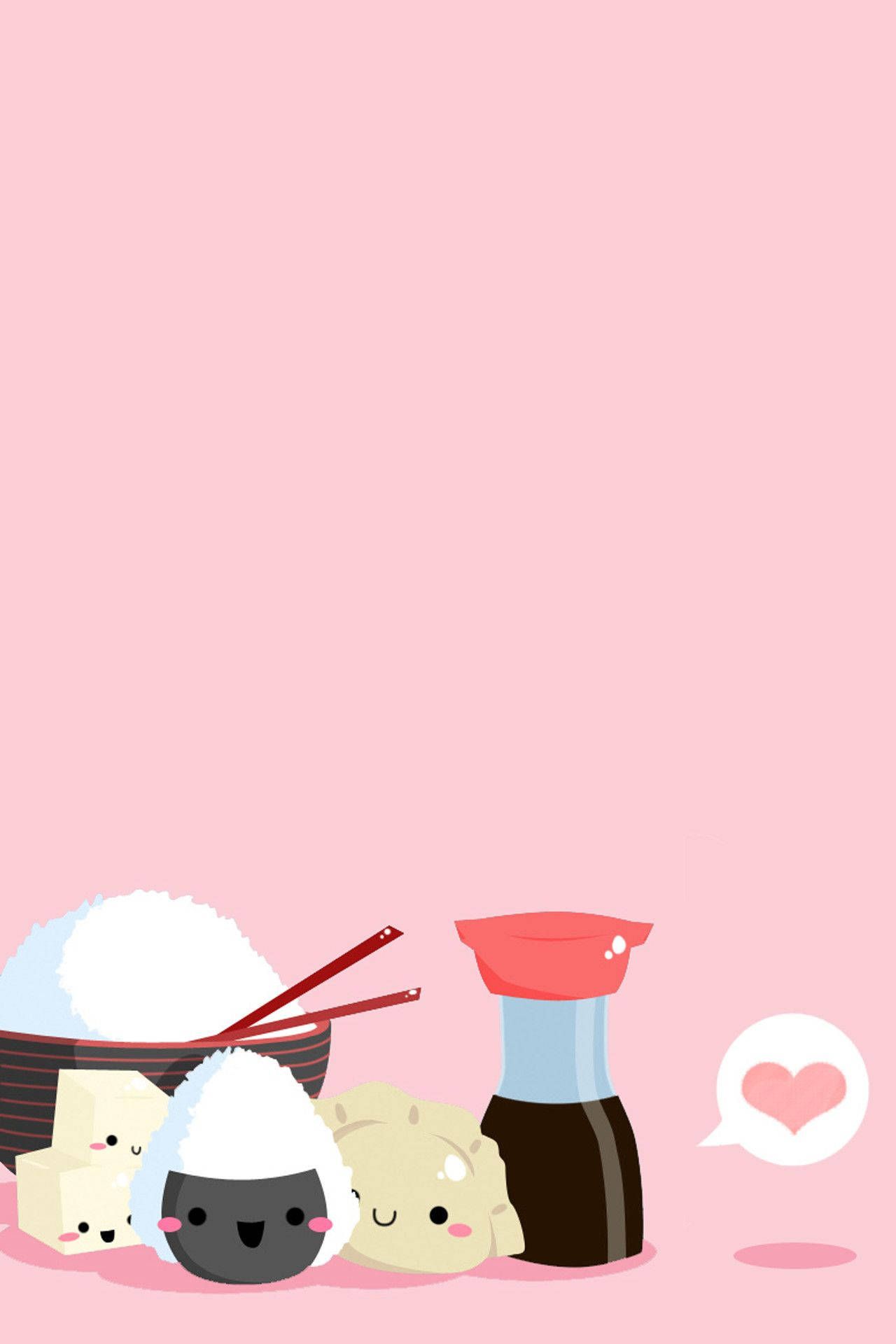 A pink wallpaper with sushi and soy sauce - Food