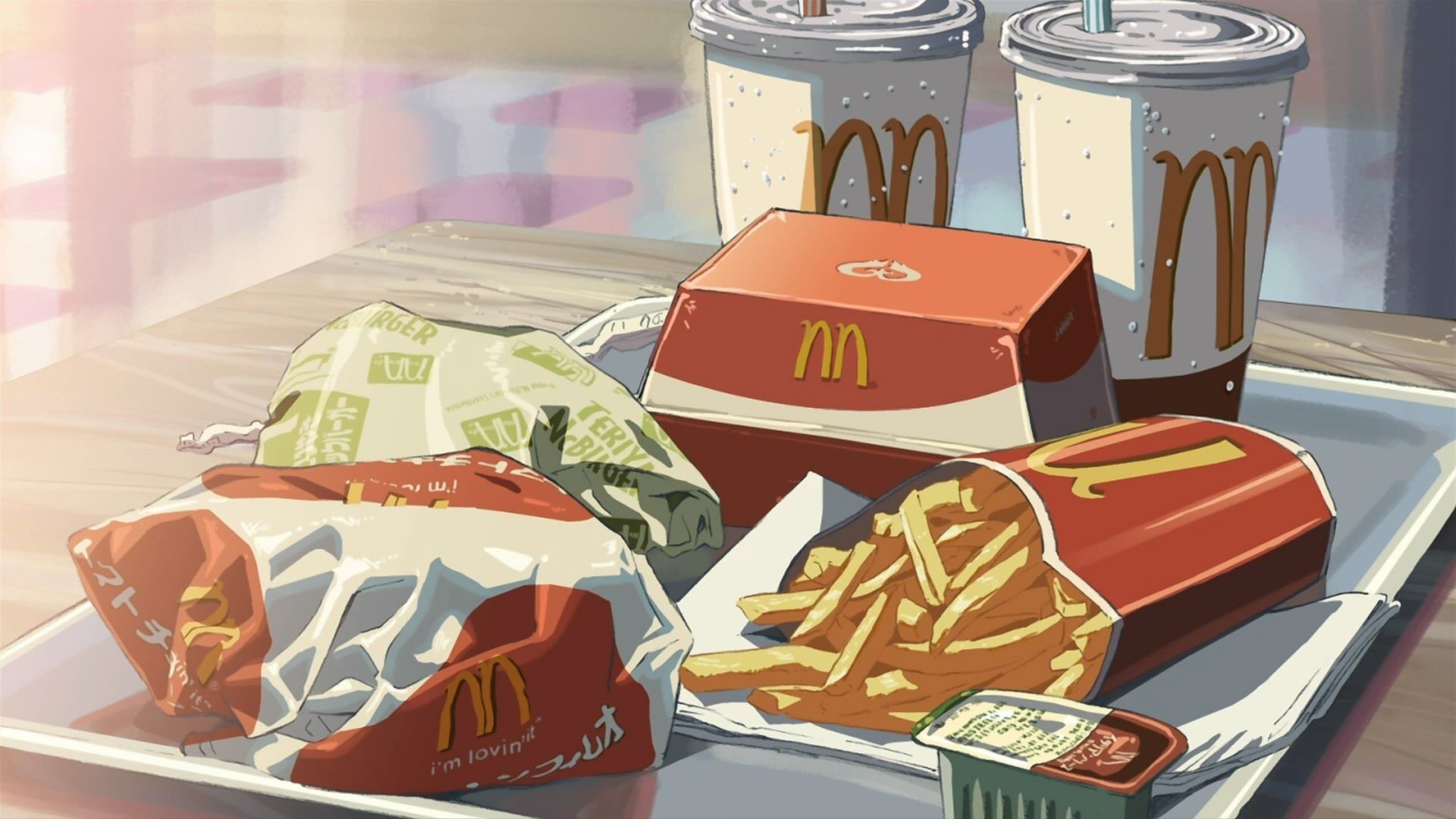 A still from the anime film 'Lofi Girl: Living in the Fast Lane', showing a tray of McDonald's food and drinks. - Food