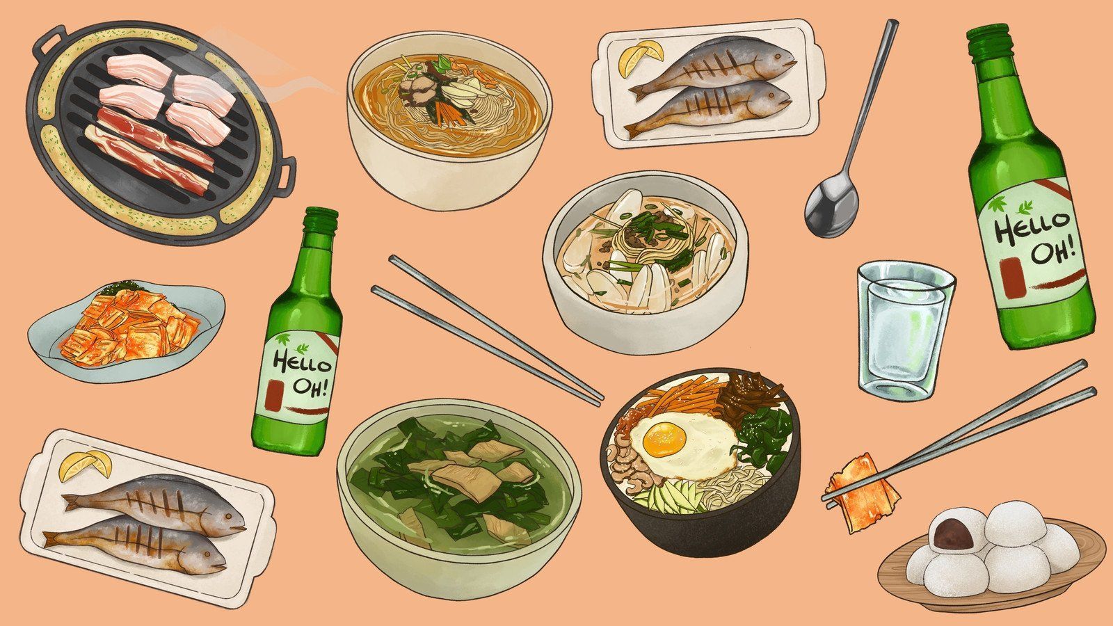 An illustration of various Korean dishes and drinks. - Food, Korean, hand drawn