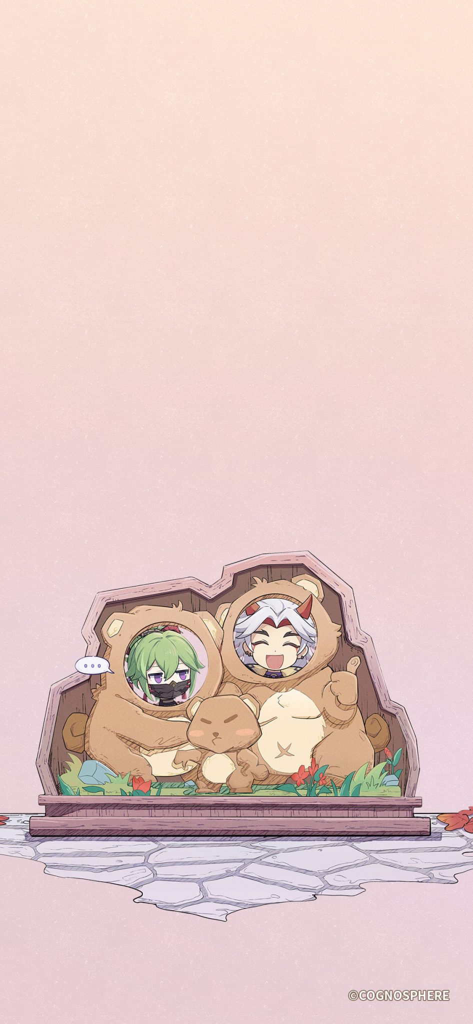 Aesthetic anime phone wallpaper of two anime characters sitting in a bear costume. - Food, profile picture