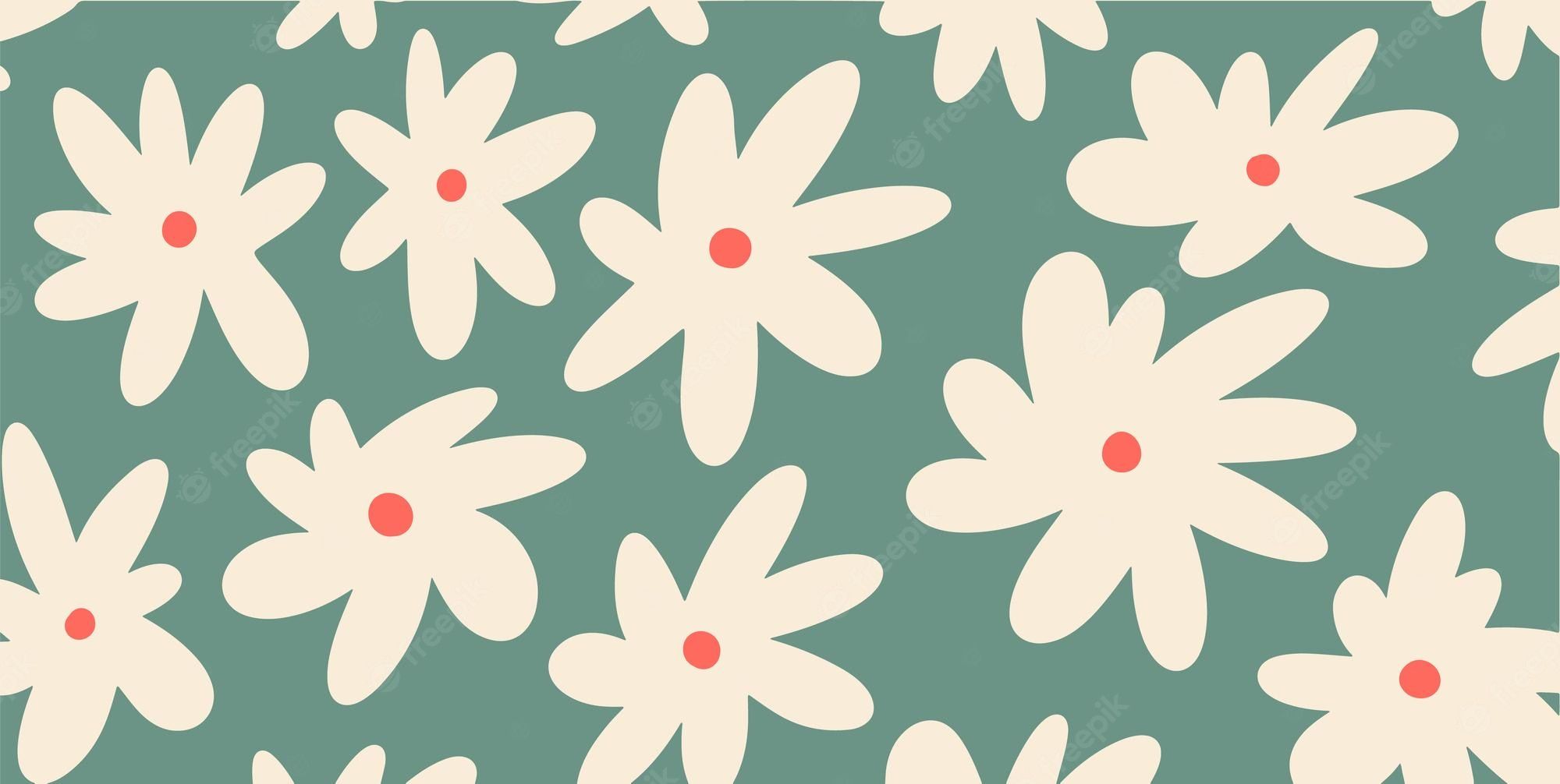 A pattern of white flowers with red centers on a green background - 60s, spring, 70s, daisy, illustration