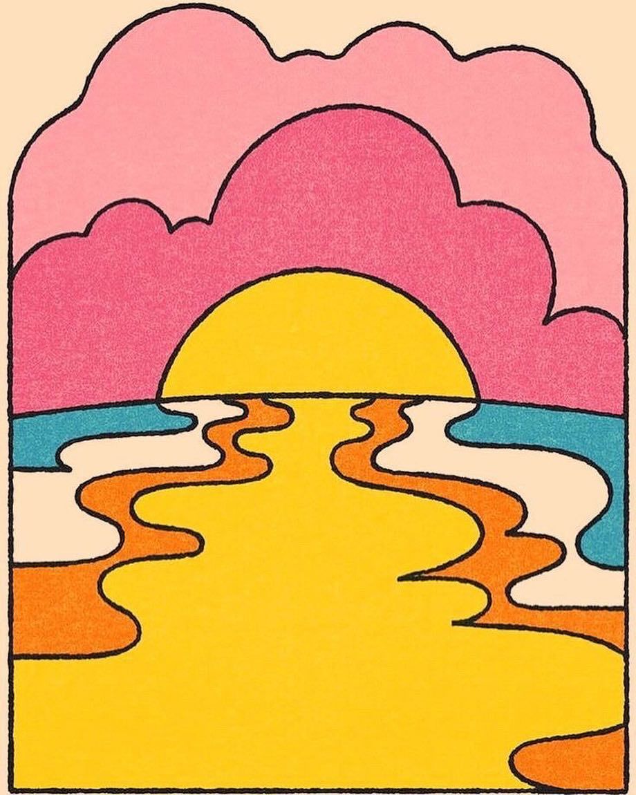 A drawing of a sunset with pink clouds - 60s