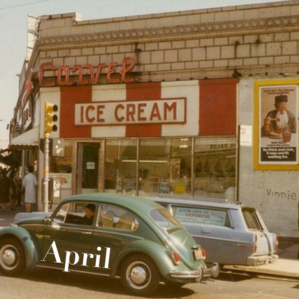 An old photo of a ice cream shop with a green volkswagen bug parked out front. - 60s