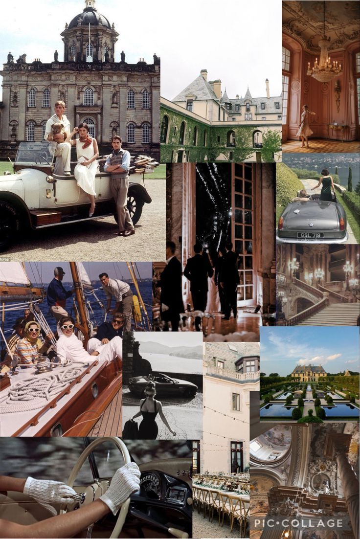 Great Gatsby collage with images of the mansion, car, and people. - 60s
