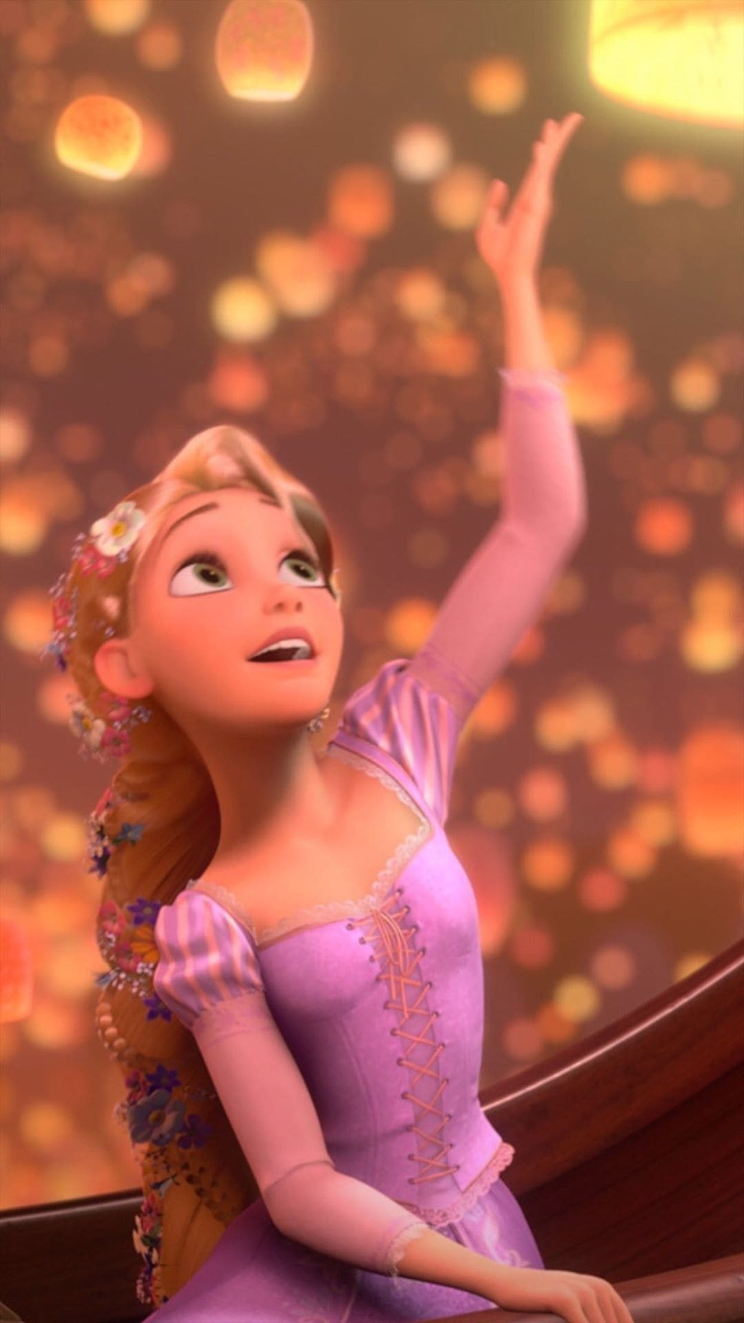 A girl in purple dress is looking up at the sky - Rapunzel