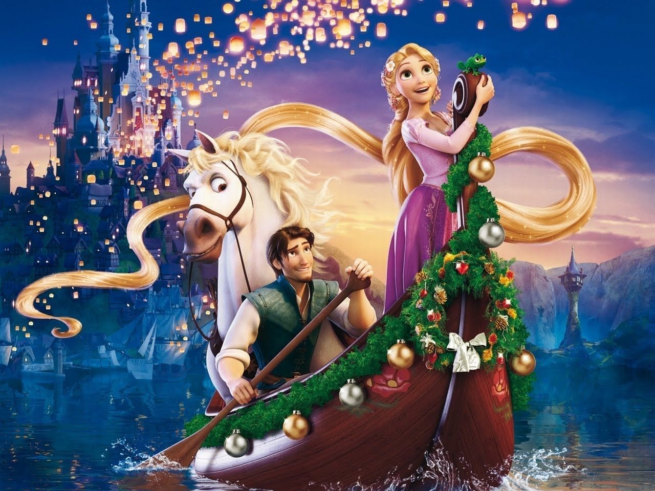 Rapunzel and her horse are on a boat with a Christmas tree. - Rapunzel