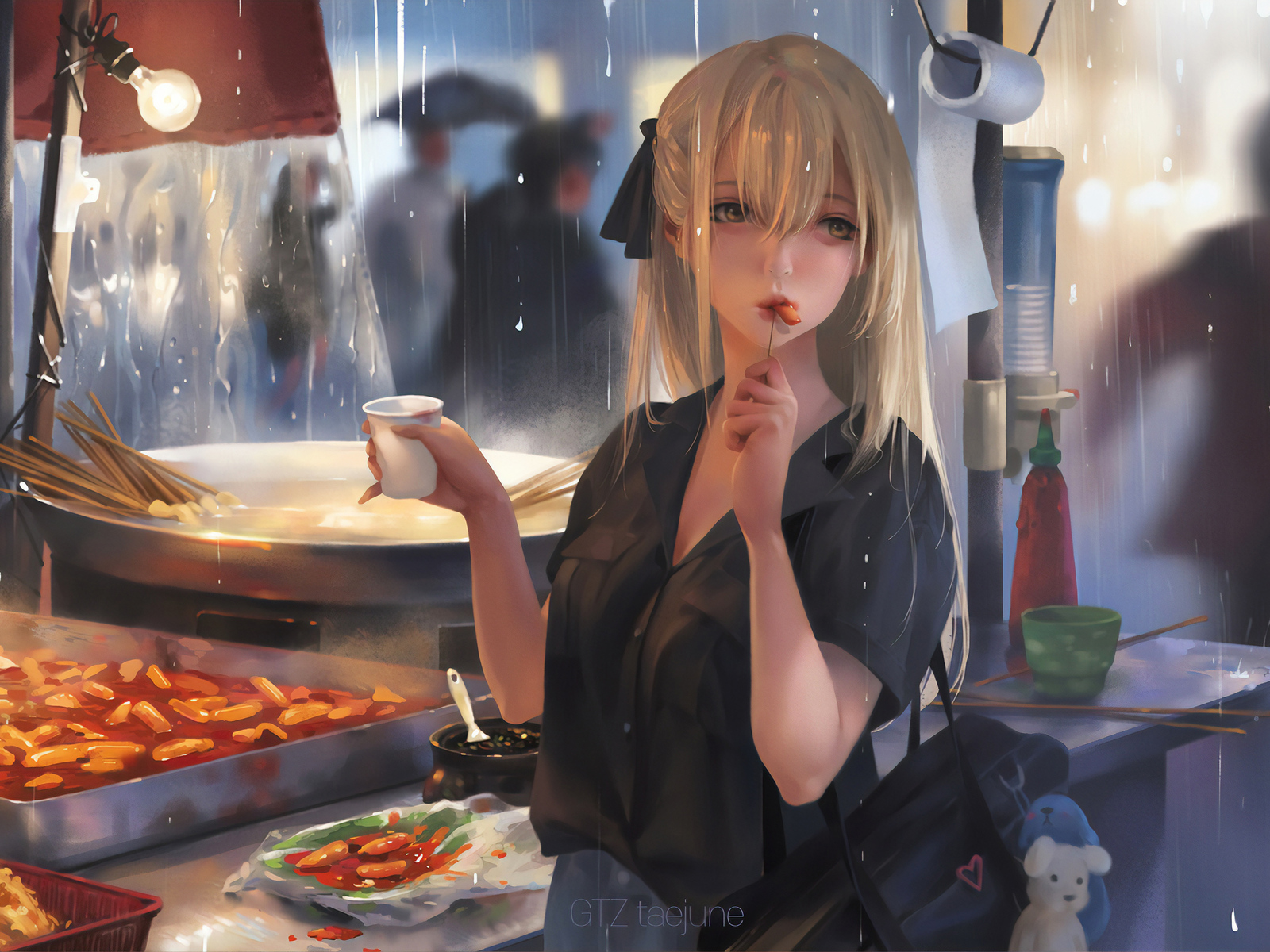 A blonde anime girl eats noodles in the rain - Food