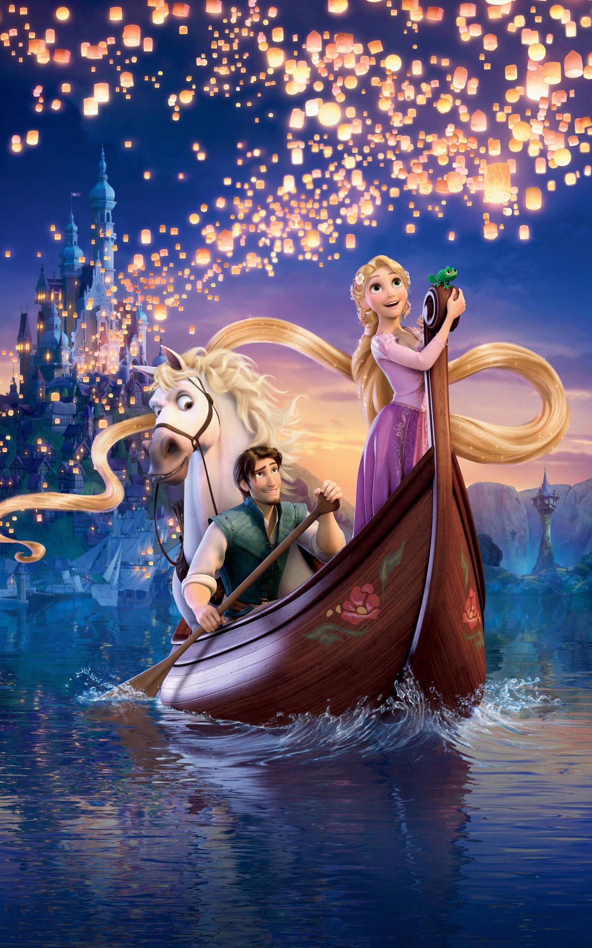A cartoon of two people in the water - Rapunzel