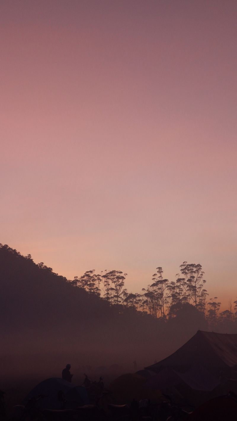A pink sky at sunset with a hillside and trees in the background. - Camping
