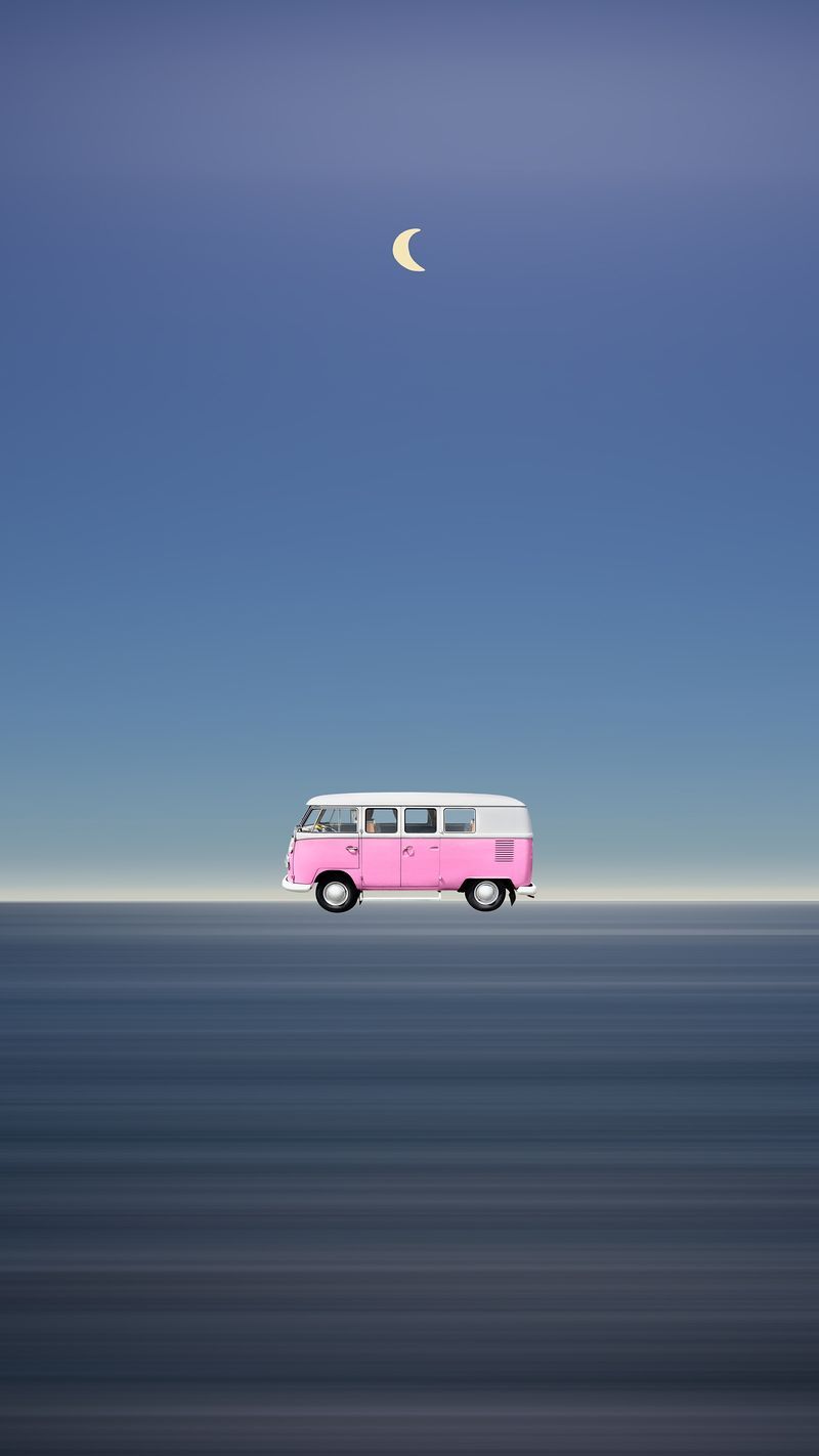 A pink van on the road with a blue sky and moon in the background - Camping, minimalist
