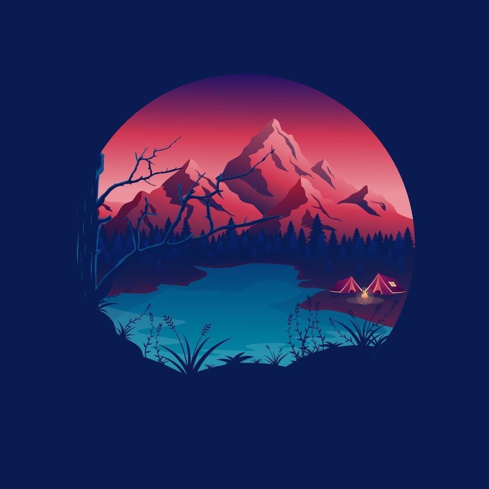 Illustration of a mountain lake at night - Camping