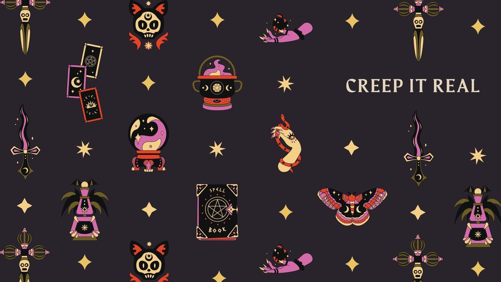 Creep it real wallpaper with various illustrations of a witch, skull, knife, cat, and more. - Halloween, Halloween desktop, spooky