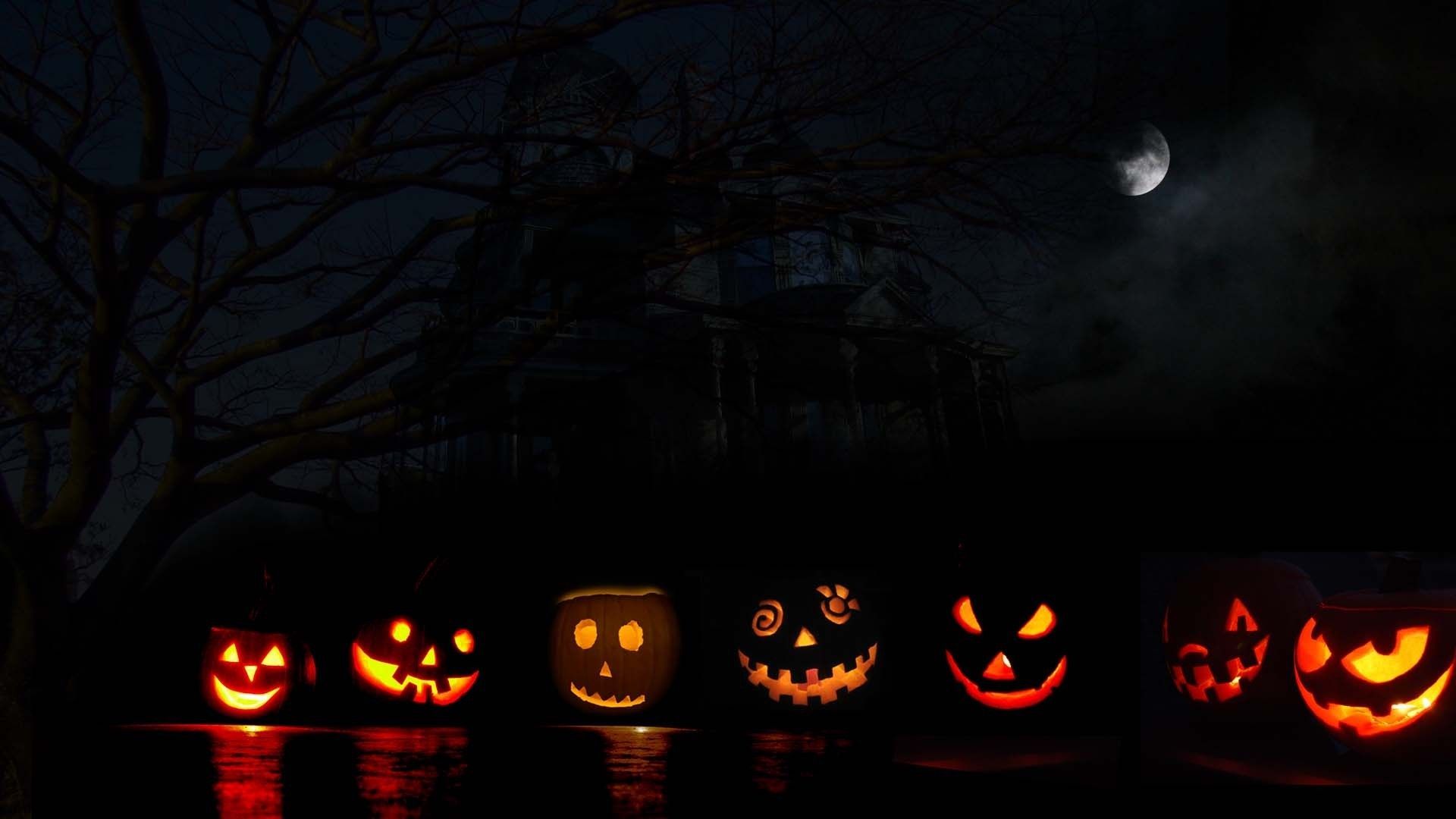A group of jack o lanterns sitting on the ground - Halloween desktop, creepy