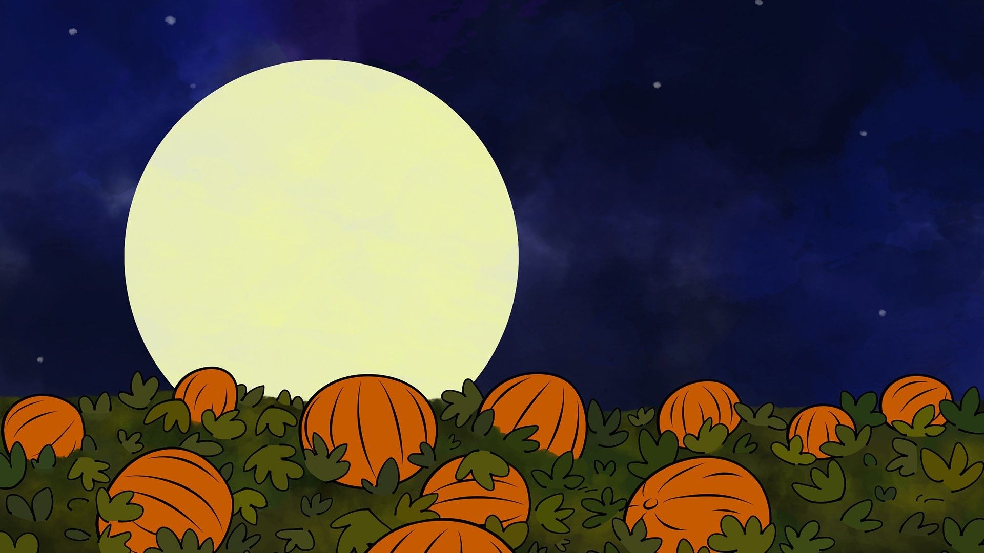 A pumpkin patch with a full moon in the background. - Halloween desktop, Charlie Brown