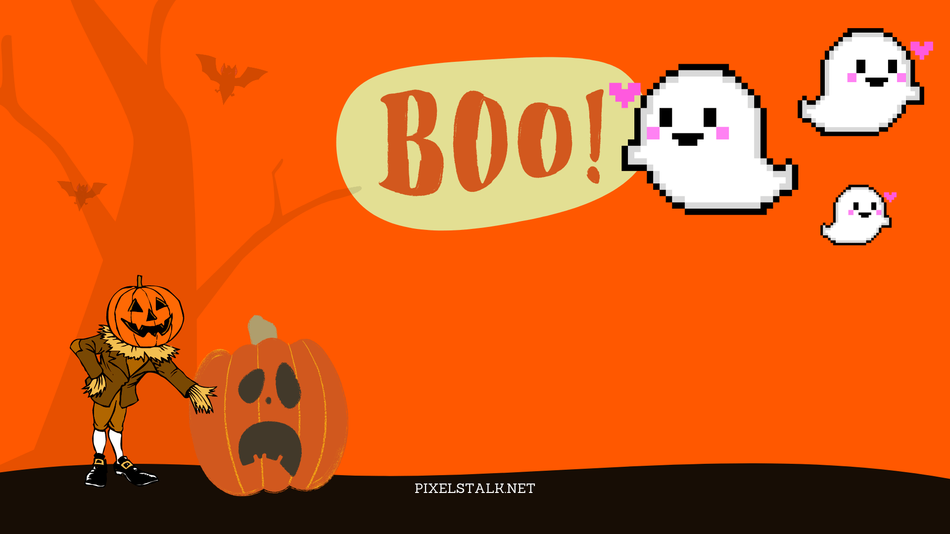 A halloween themed computer screen with ghost and pumpkin - Halloween desktop, cute Halloween