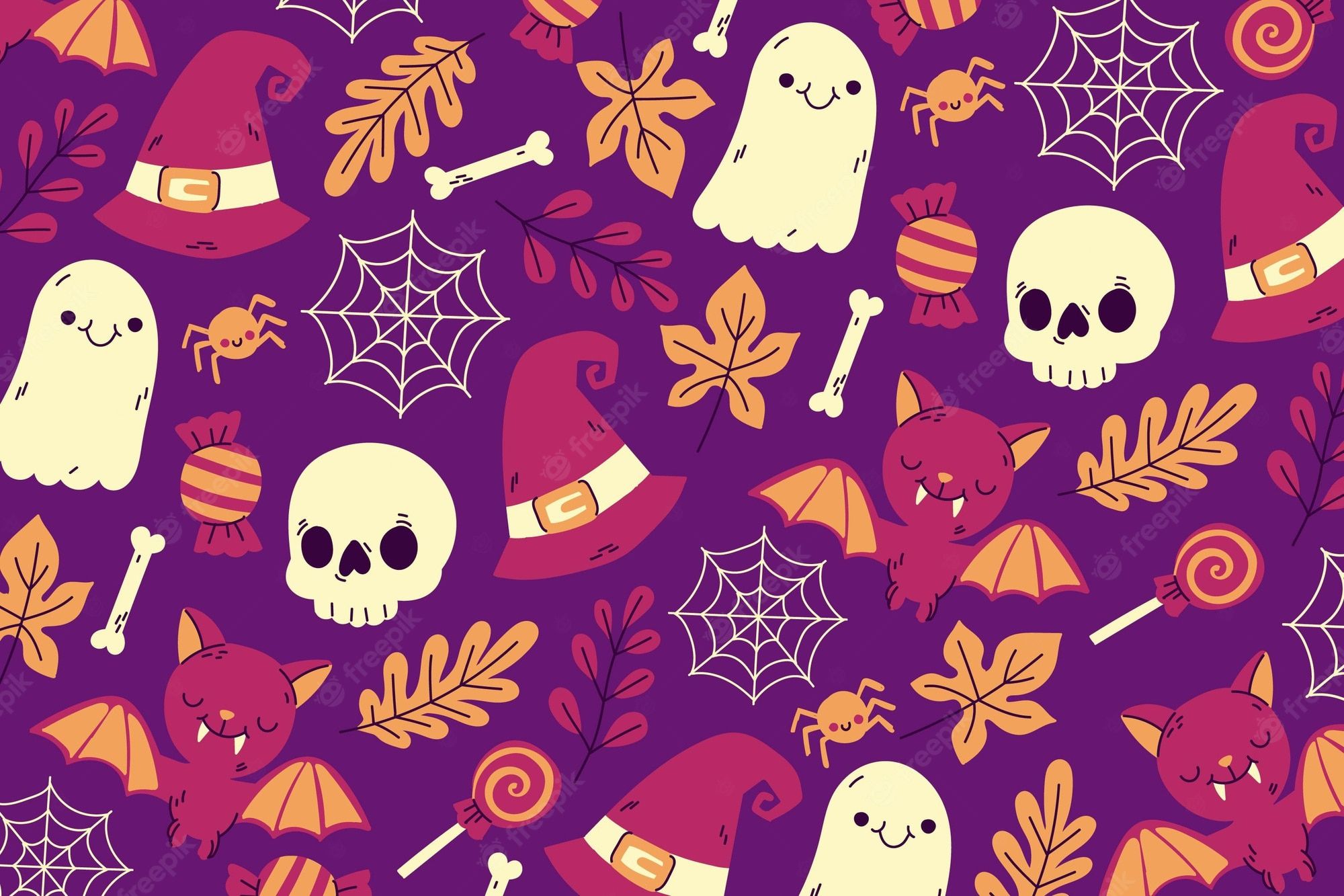 Halloween seamless pattern with pumpkins, bats, ghosts, skulls, spiders, and candies on a purple background. - Halloween desktop