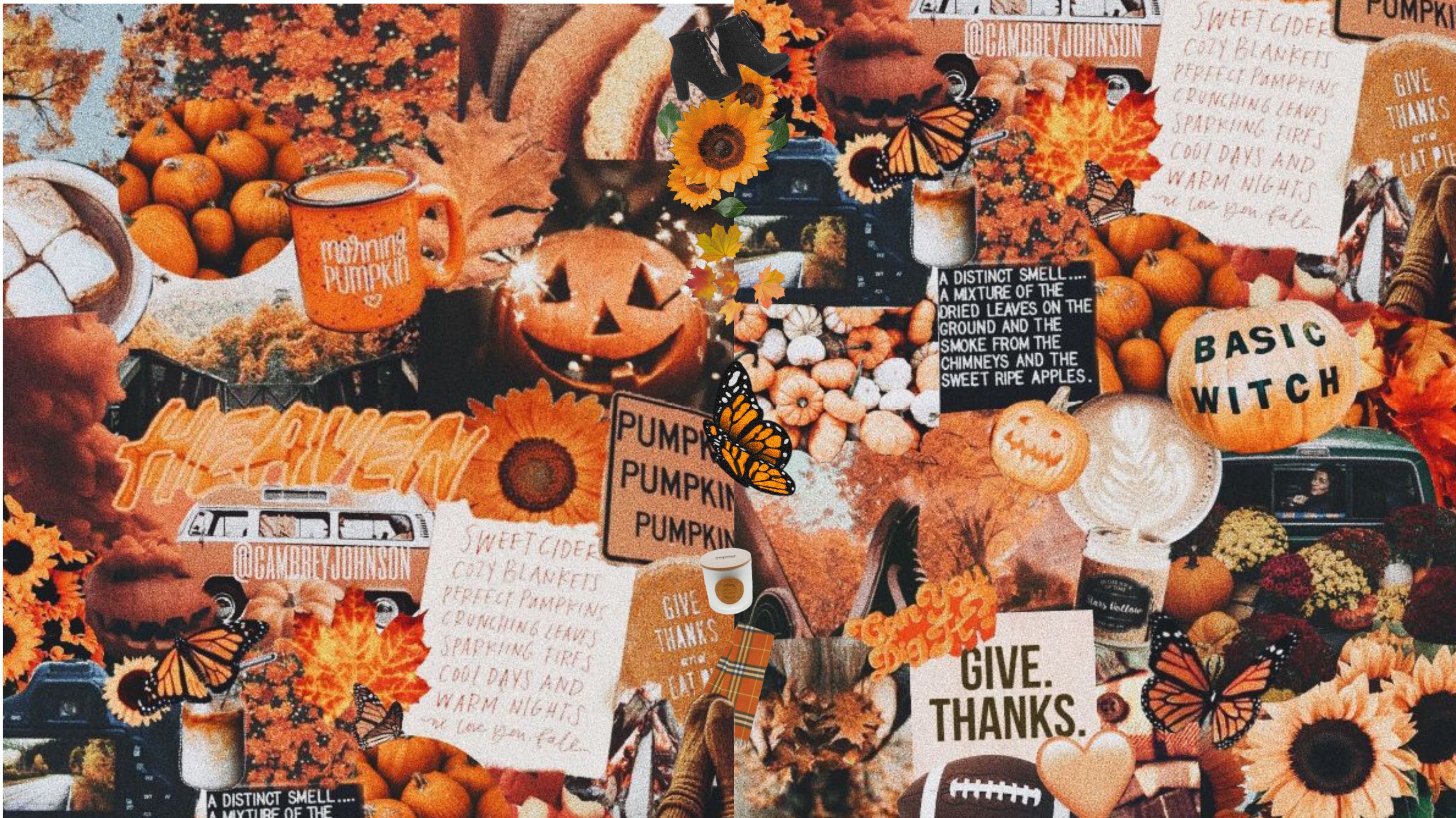 A collage of orange and yellow images including pumpkins, sunflowers, and signs that say 