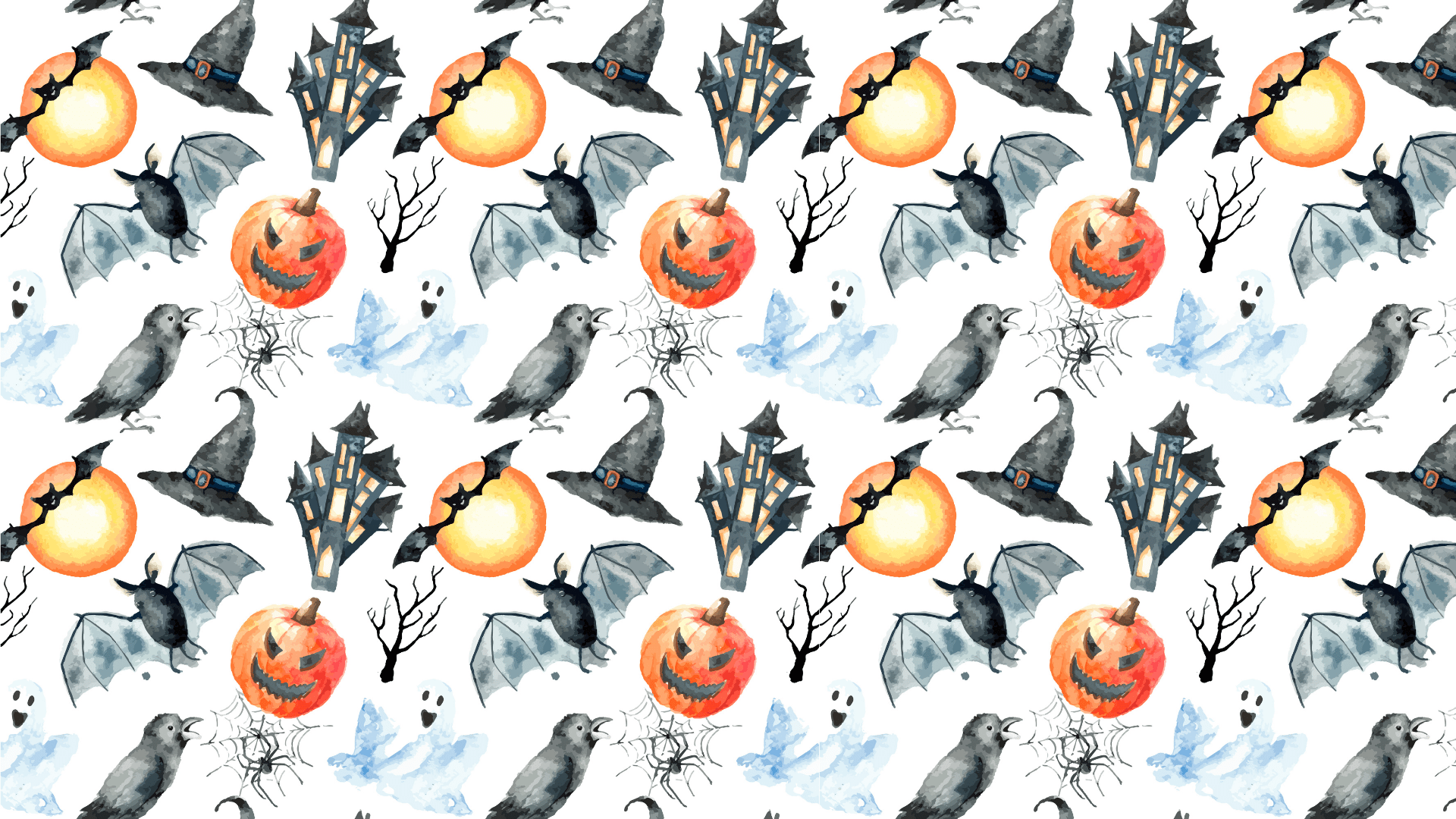 Halloween seamless pattern with pumpkins, bats, ghosts, and a haunted house. - Halloween desktop, cute Halloween