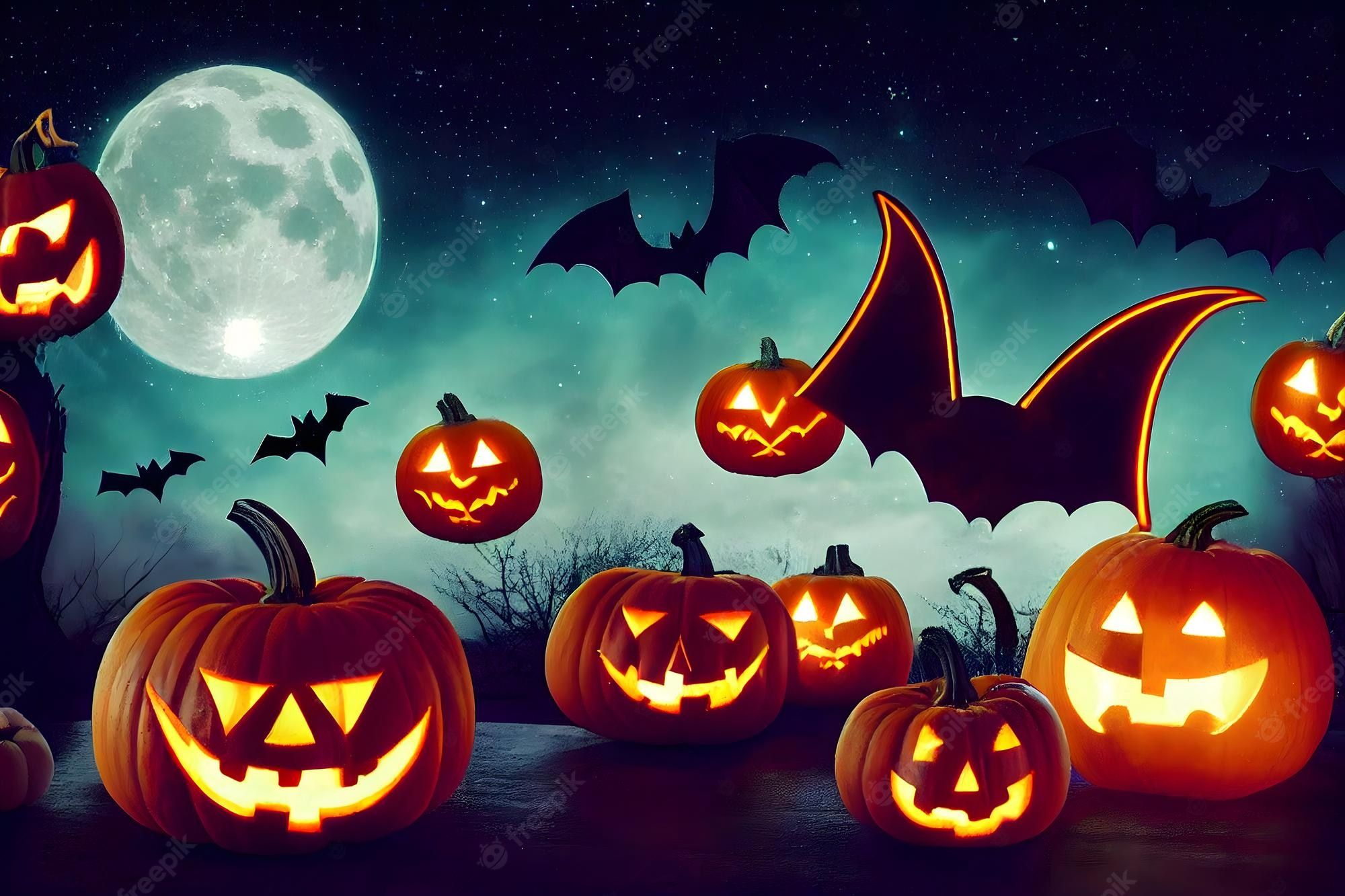 Premium Photo. Halloween aesthetic background bats pumpkins full moon and stars night neural network generated art