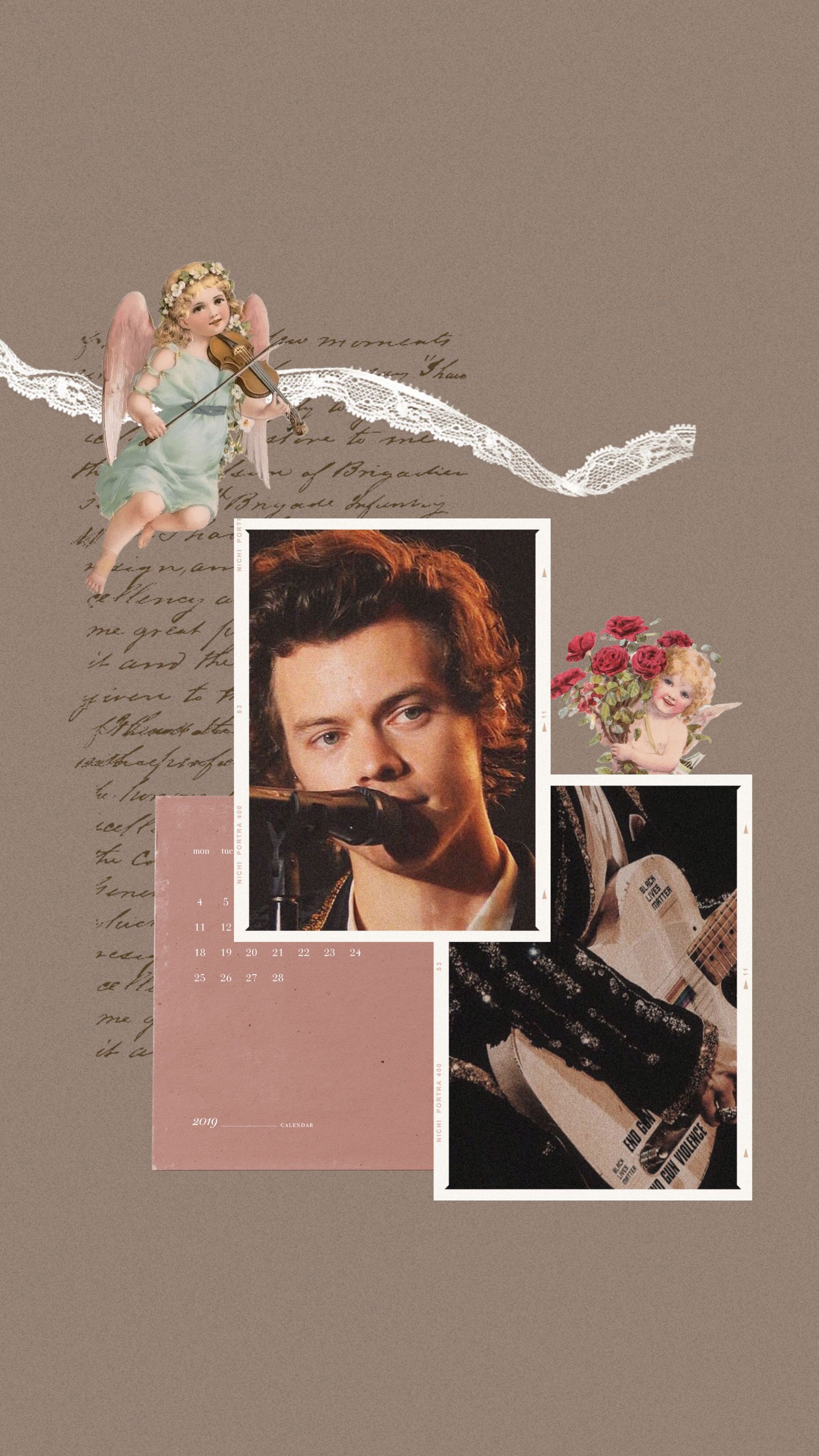 A collage of Harry Styles, a flower, a cupcake, and an angel. - Harry Styles