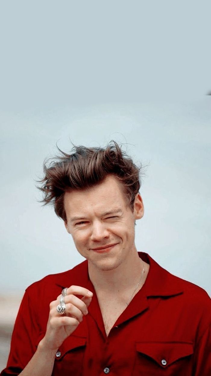 Harry styles, smiling and winking, cute backgrounds for girls, wearing a red shirt - Harry Styles