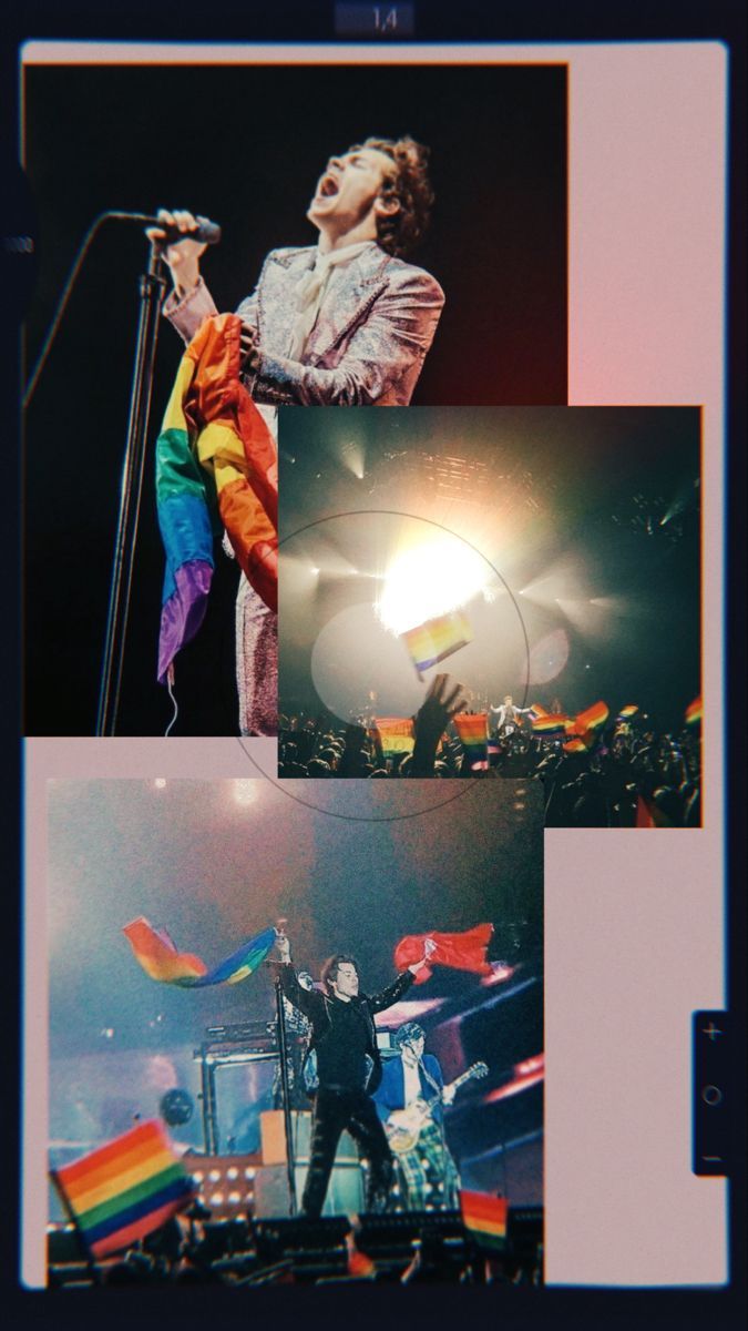 Harry Styles performing on stage with a pride flag. - Harry Styles