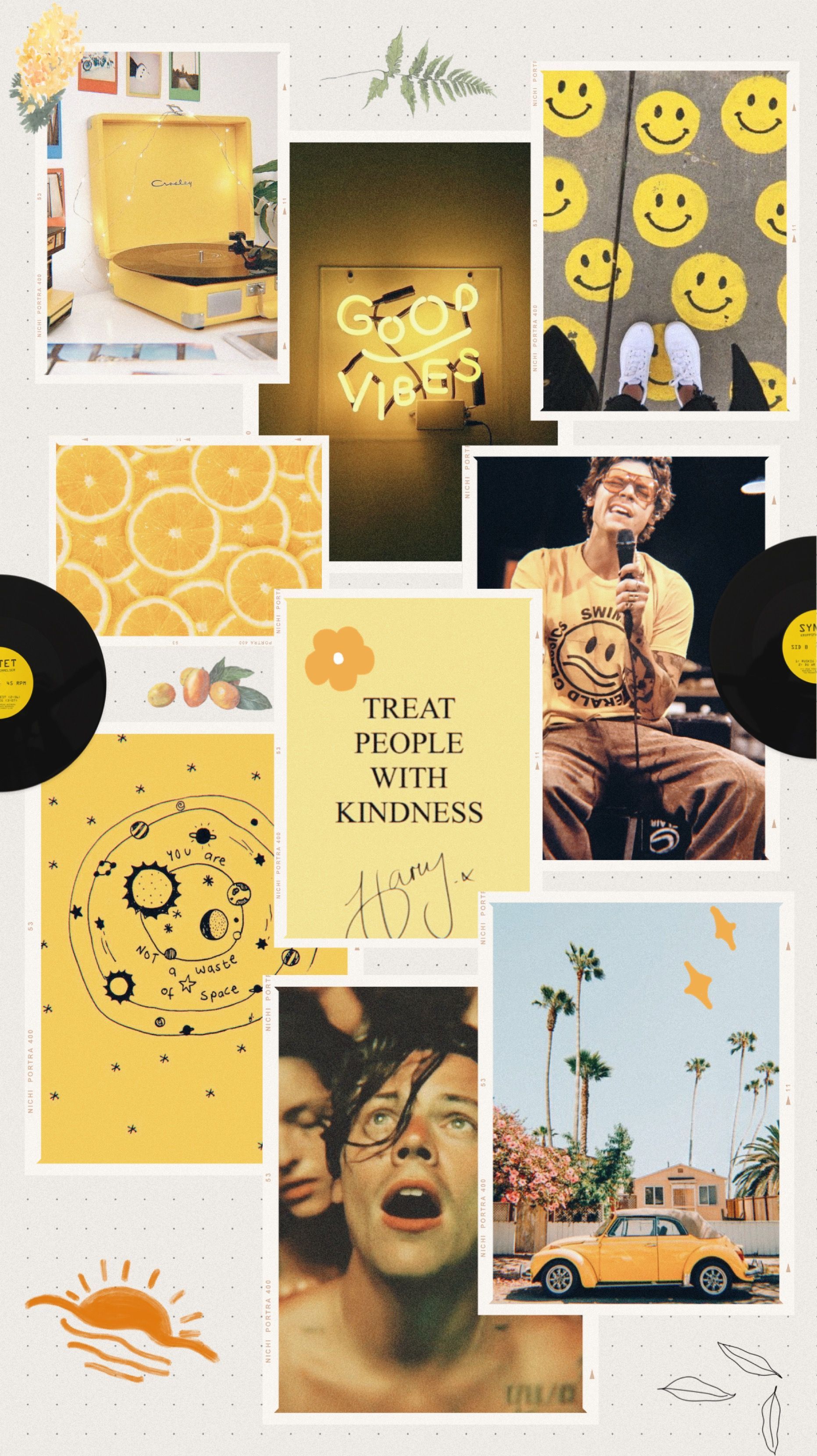 A collage of pictures with yellow backgrounds - Harry Styles