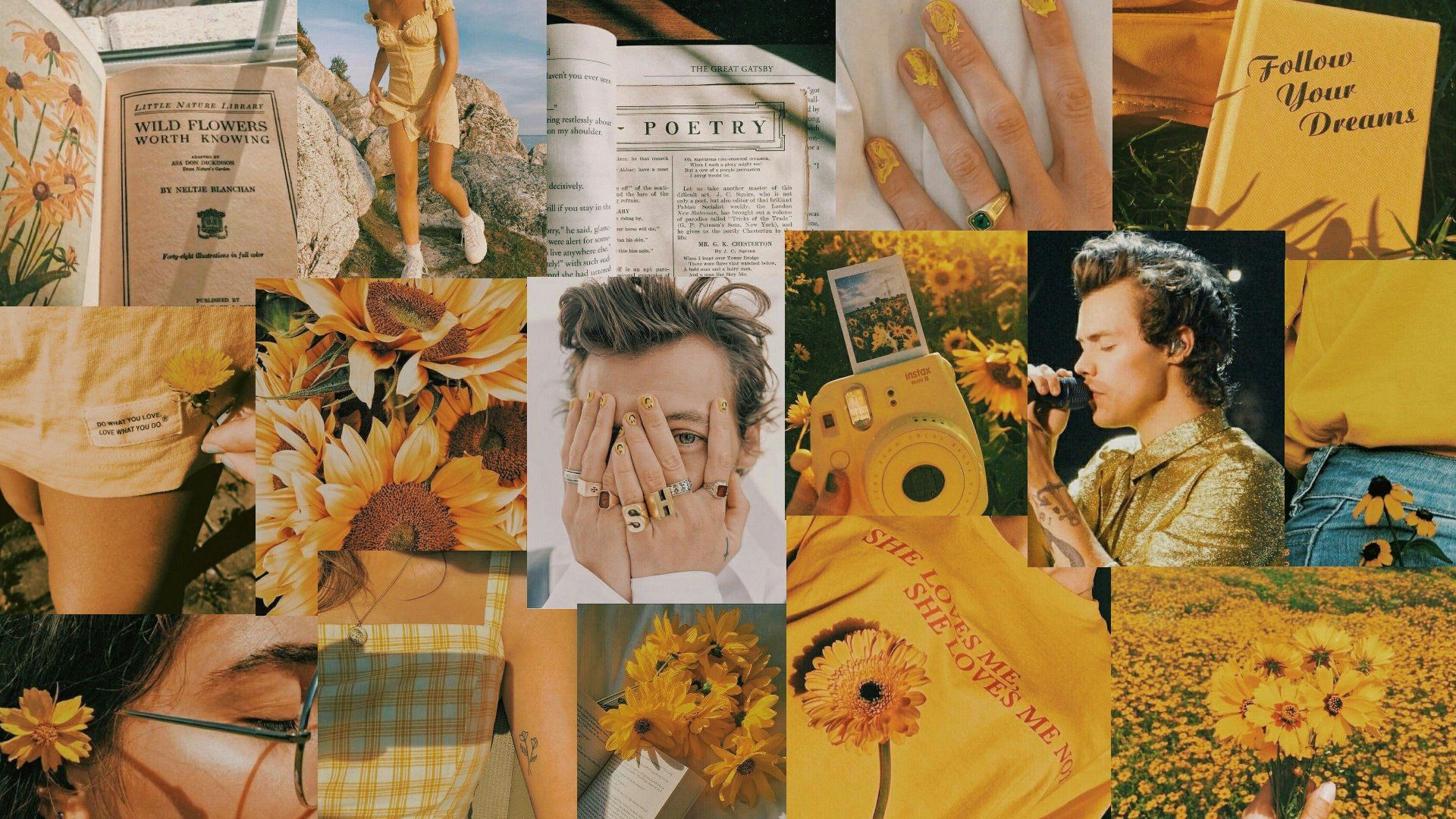 A collage of yellow aesthetic images featuring Harry Styles, sunflowers, books, and more. - Harry Styles