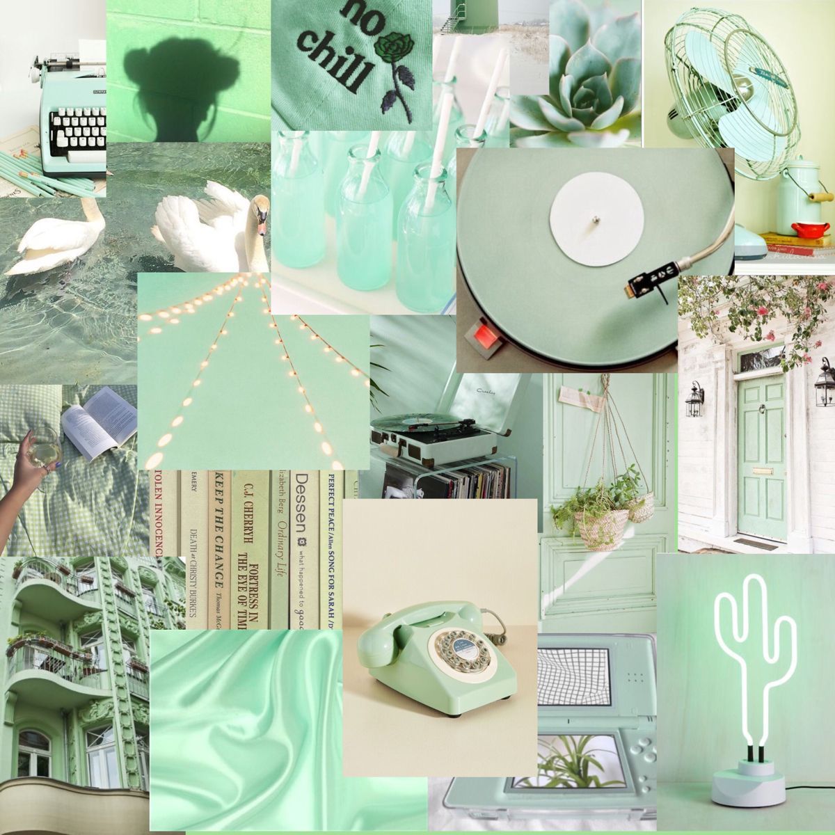 Collage of images in shades of green, including a phone, books, plants, and a wall. - Soft green, light green