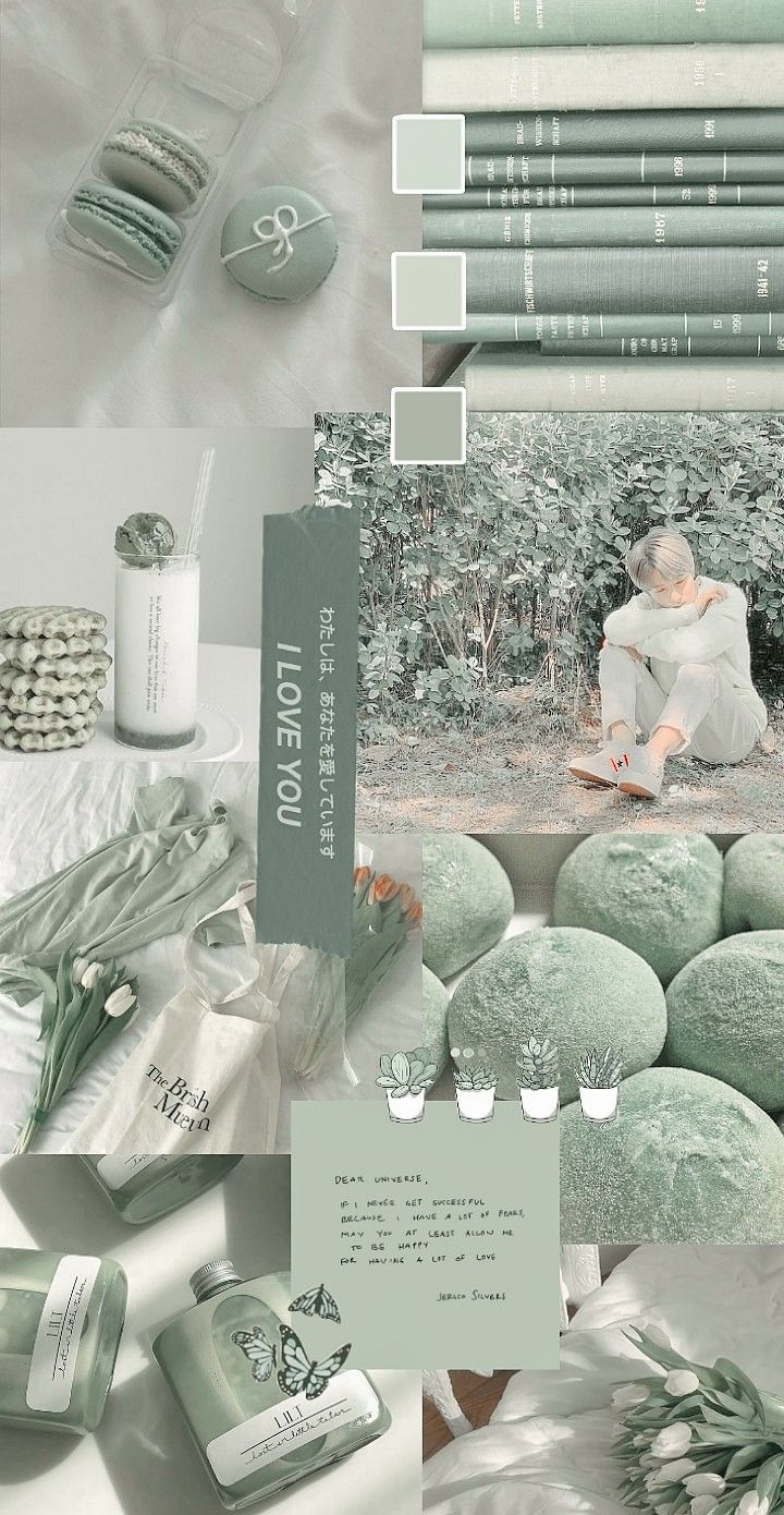 Aesthetic green color mood board with books, plants, soap, and other green items - Soft green