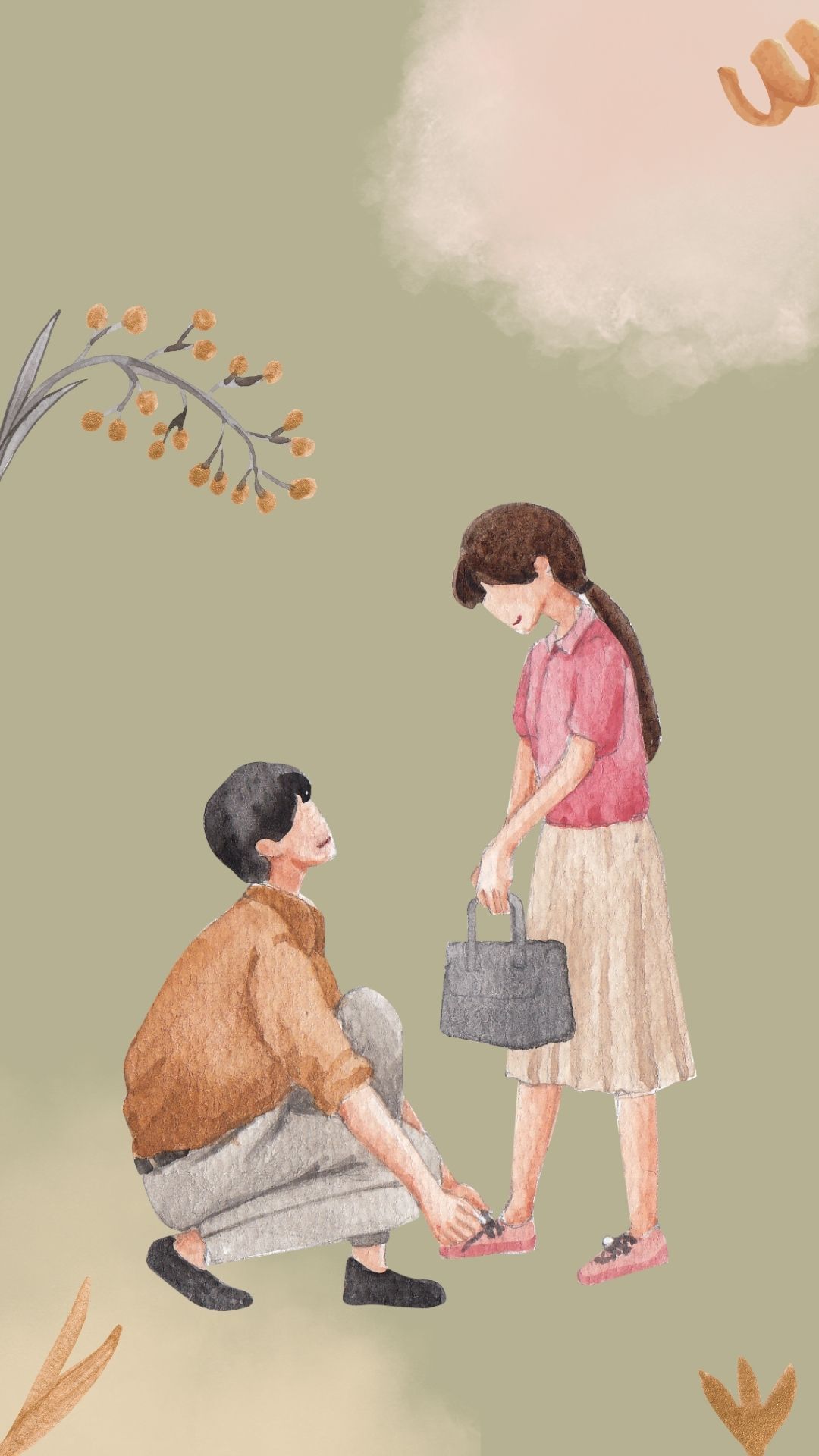 A man is helping the woman tie her shoes - Soft green