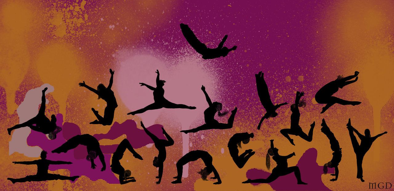 A digital painting of a series of silhouettes of a woman in various yoga poses against a sunset sky. - Gymnastics