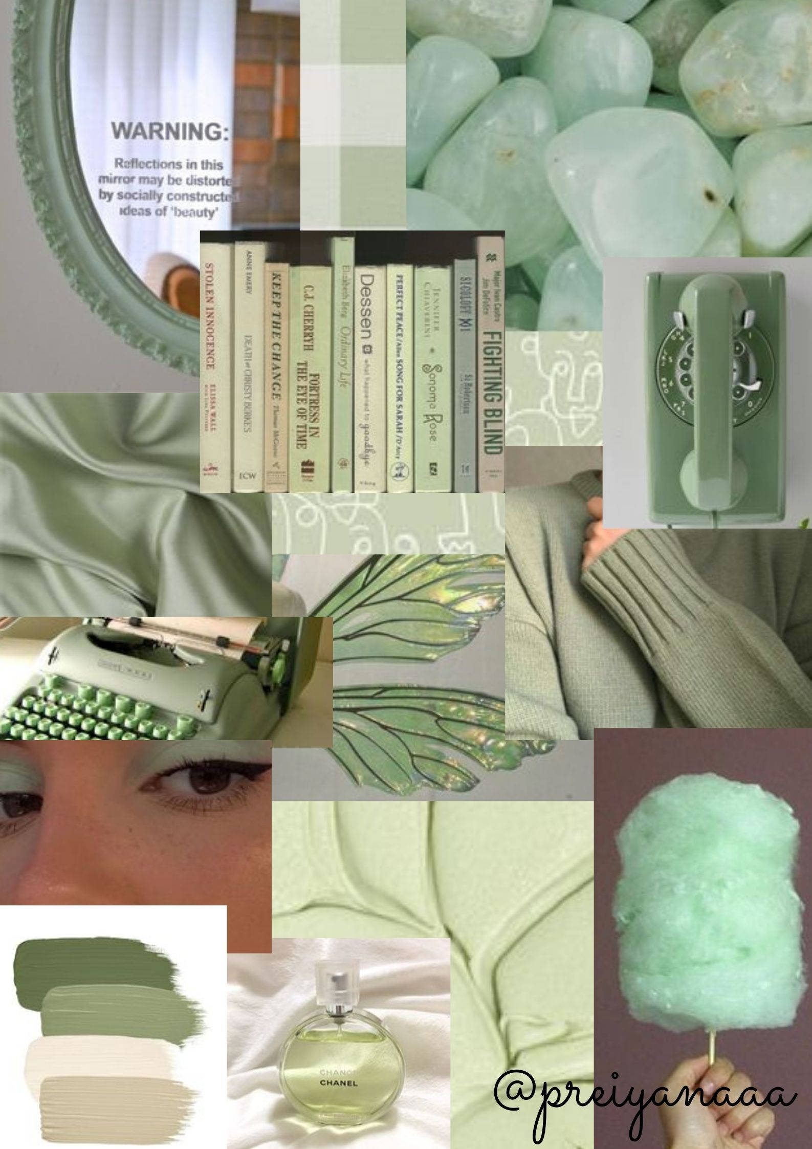 A collage of images in green and grey tones - Soft green