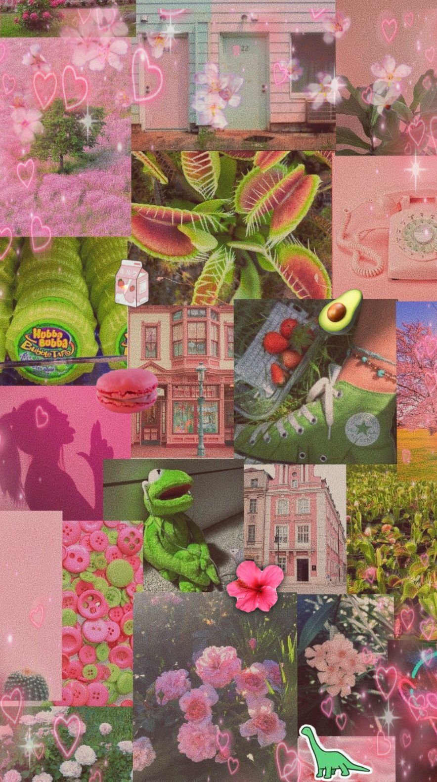A collage of pink and green aesthetic images including flowers, plants, a dinosaur, and a house. - Soft green
