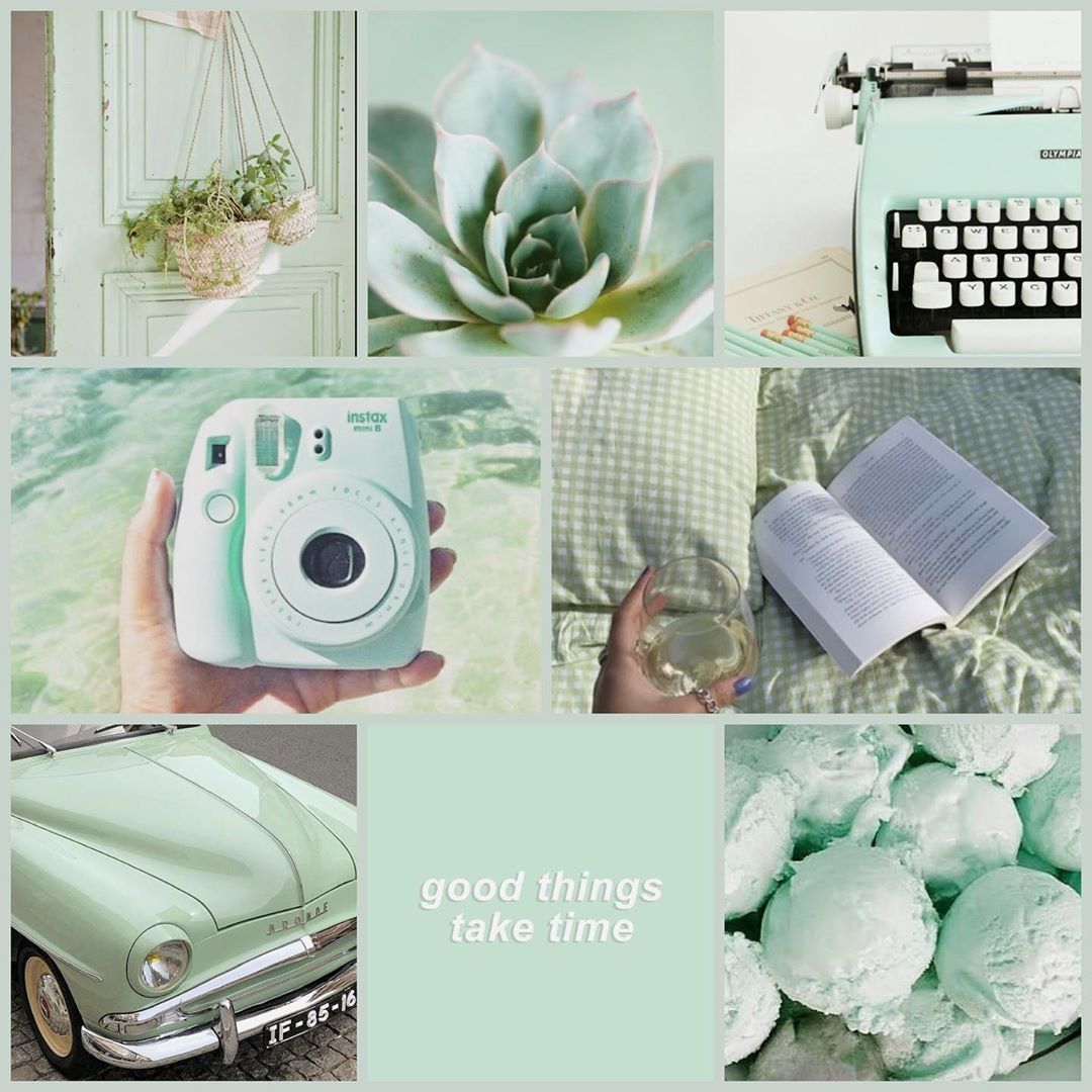 A collage of pictures with green and white backgrounds - Soft green, light green