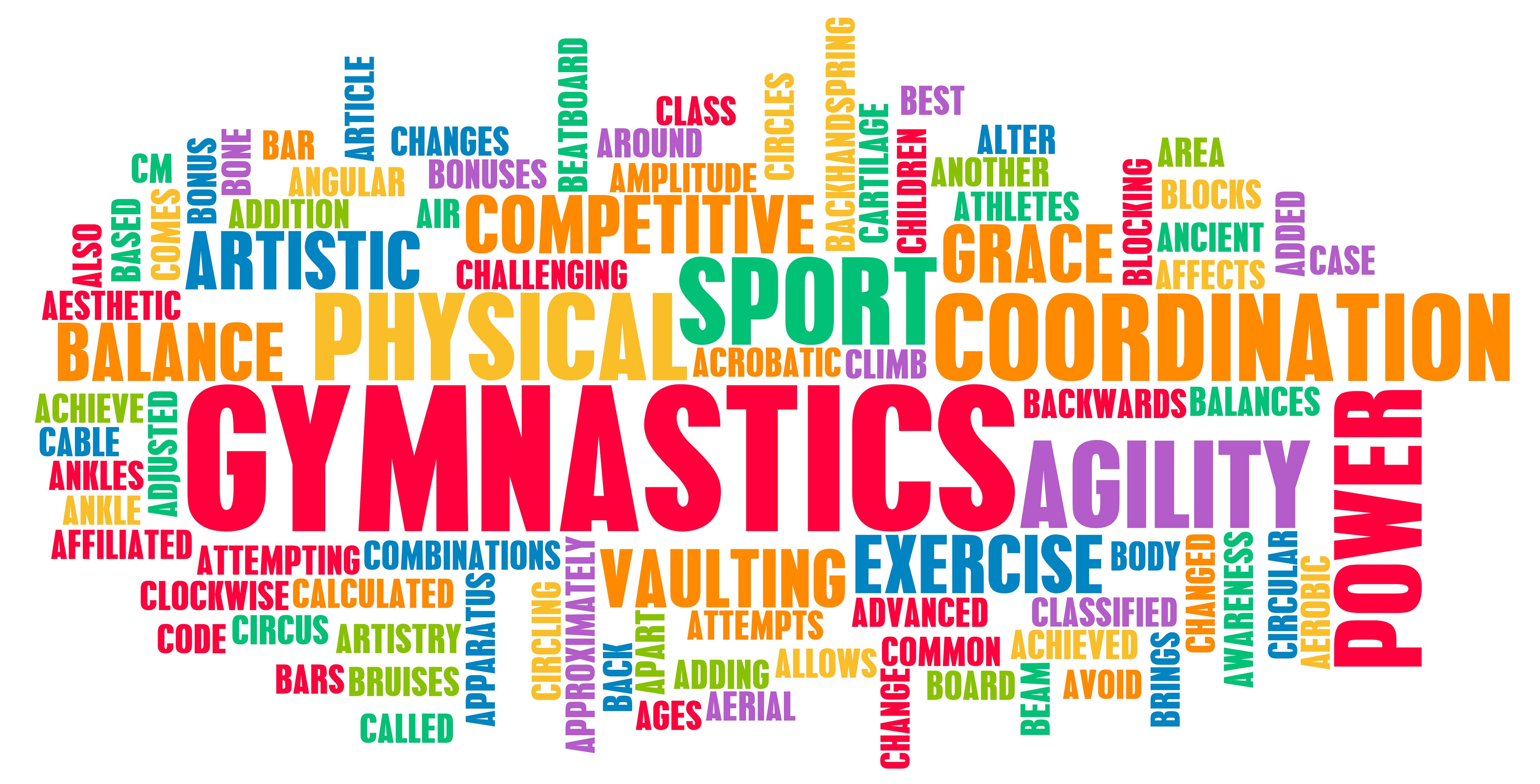 A wordle of gymnastics terms including balance, coordination, agility, and vault. - Gymnastics