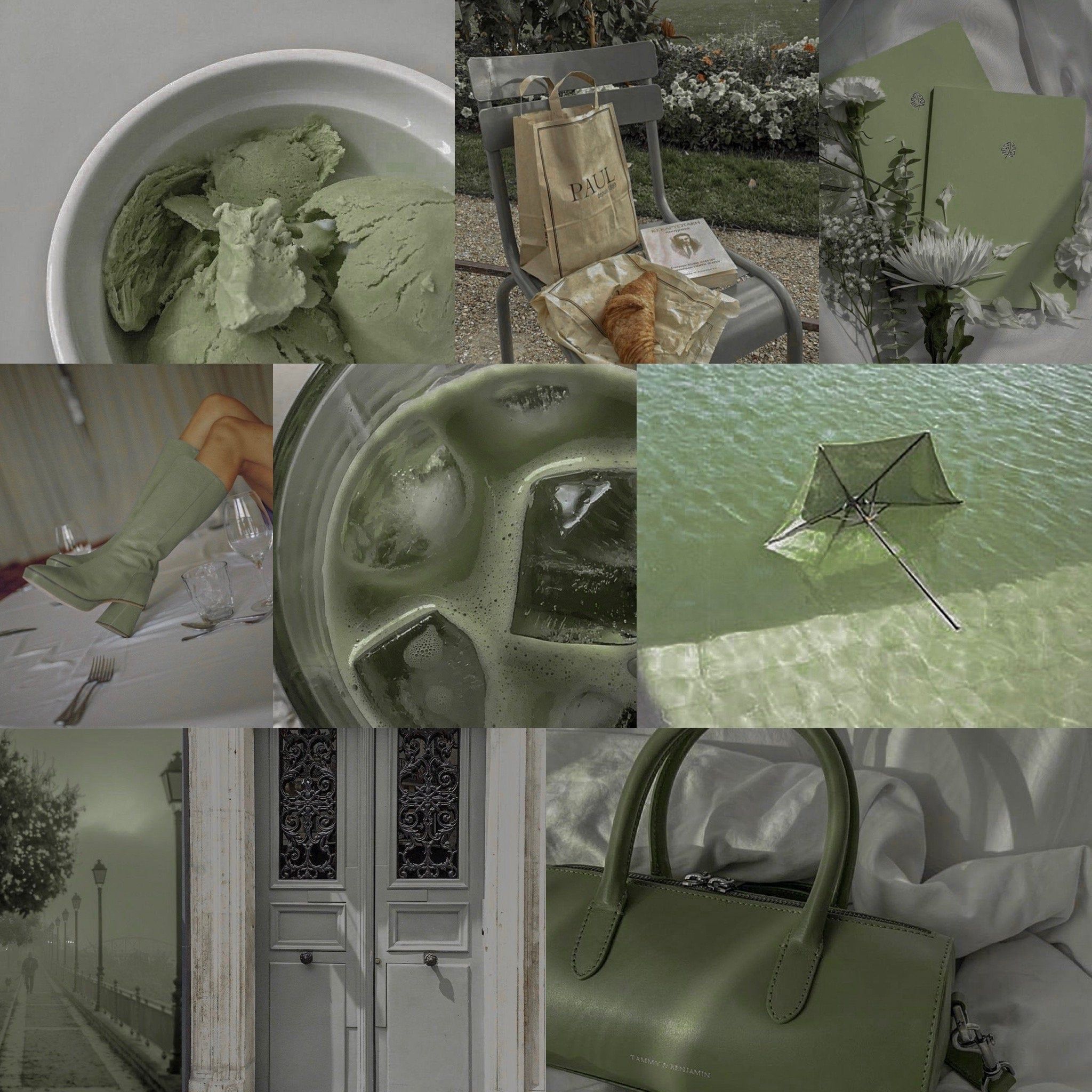 A collage of photos in a green aesthetic, including a handbag, a bowl of ice cream, and a garden. - Soft green, light green