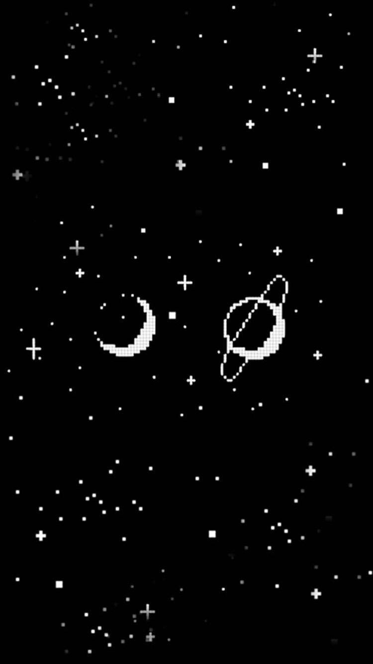 Black background with white stars and two planets - Dark phone