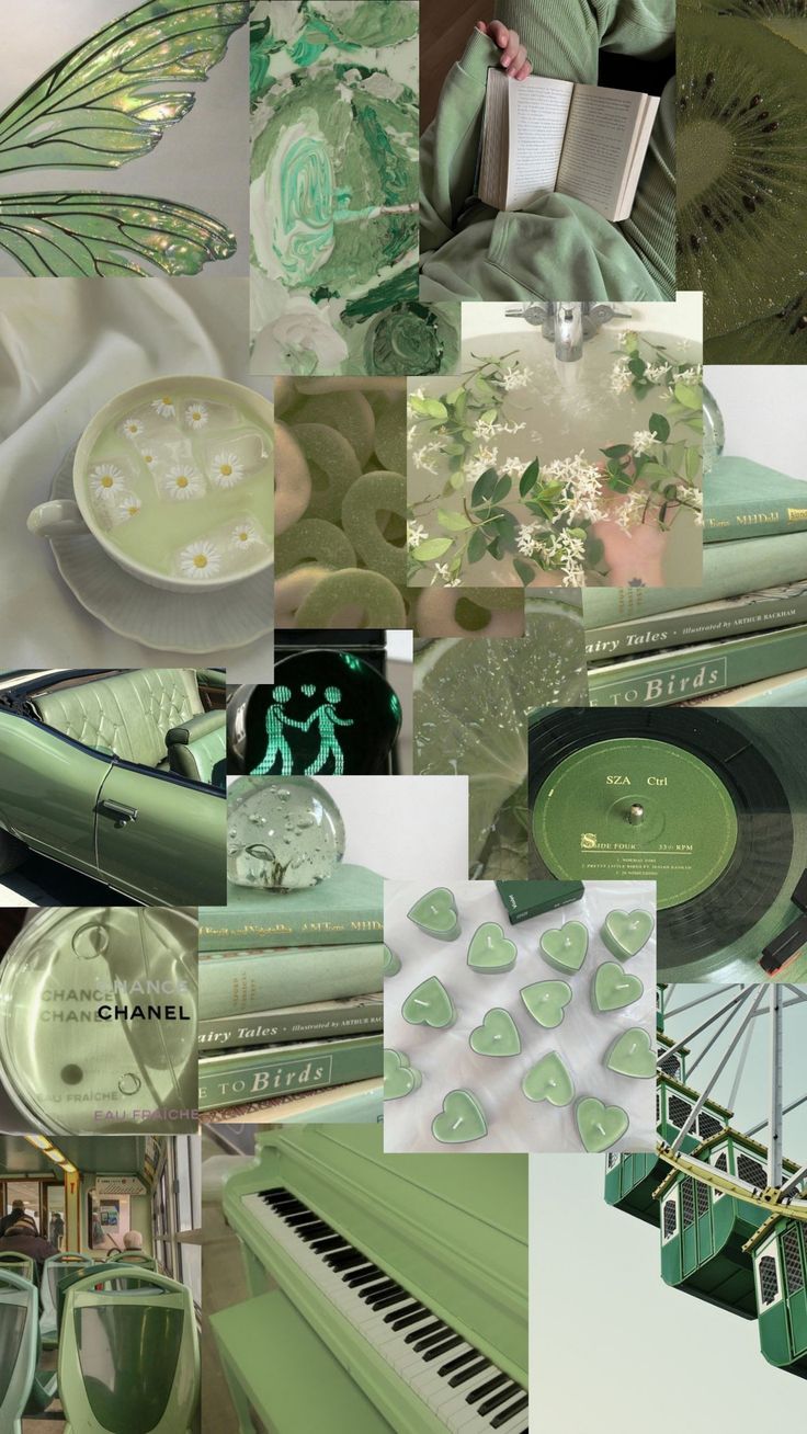 A collage of green aesthetic images including books, tea, a butterfly, and a piano. - Soft green, light green