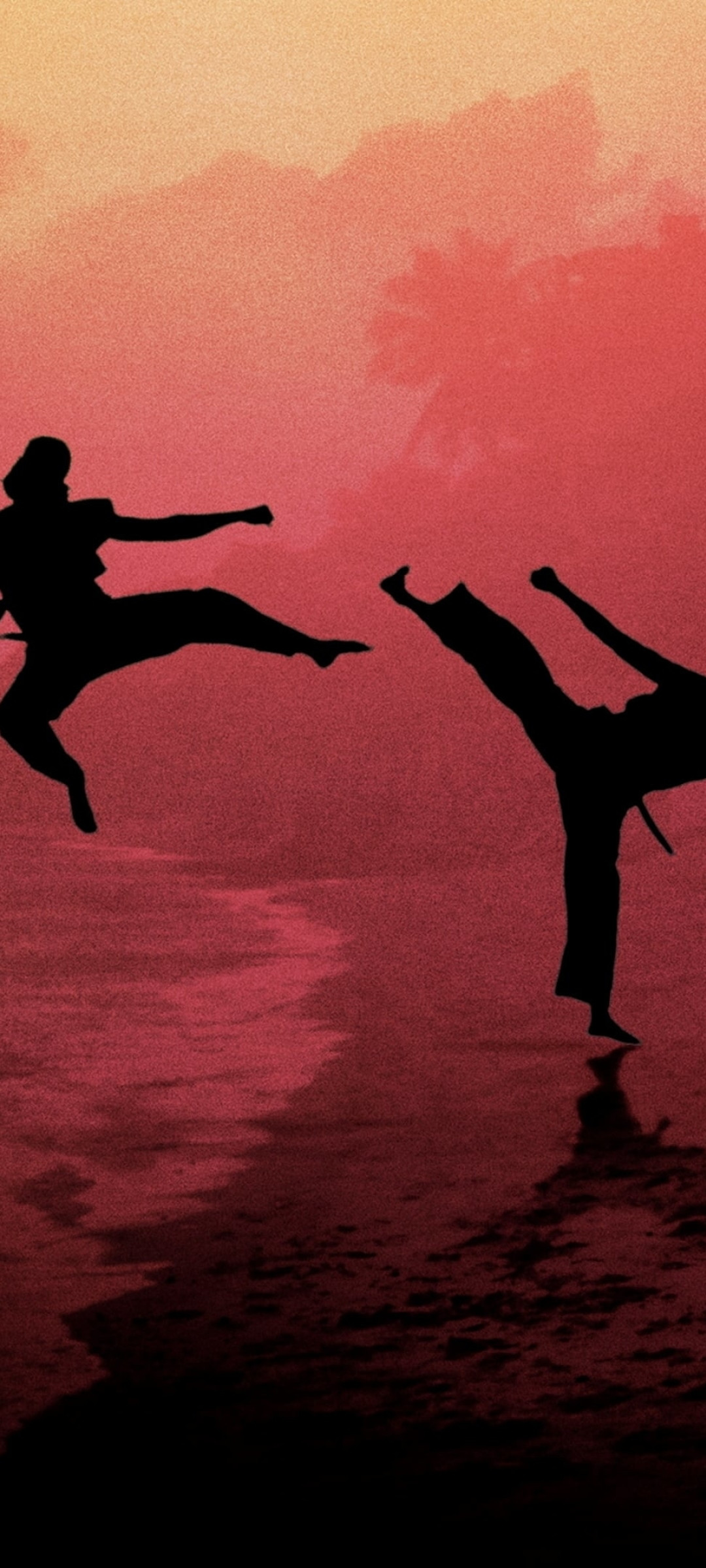 A couple of people doing martial arts on the beach - Gymnastics